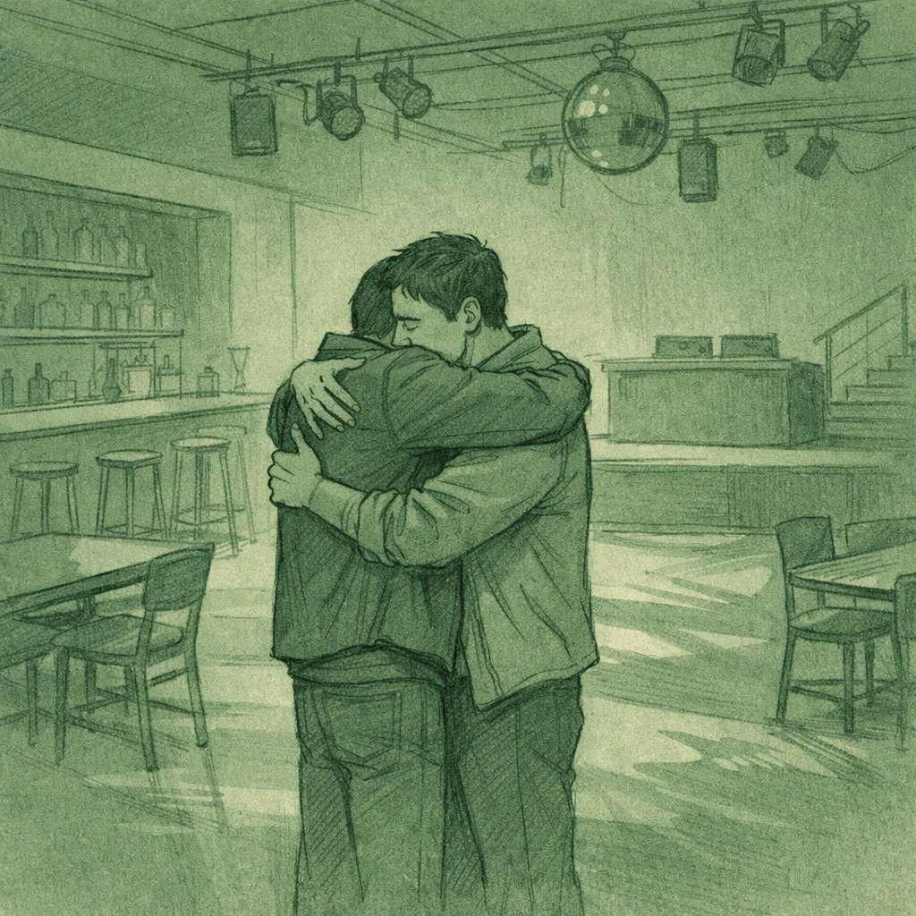 Two men embracing in empty ARQ nightclub after closure, Sydney LGBTQ+ venue