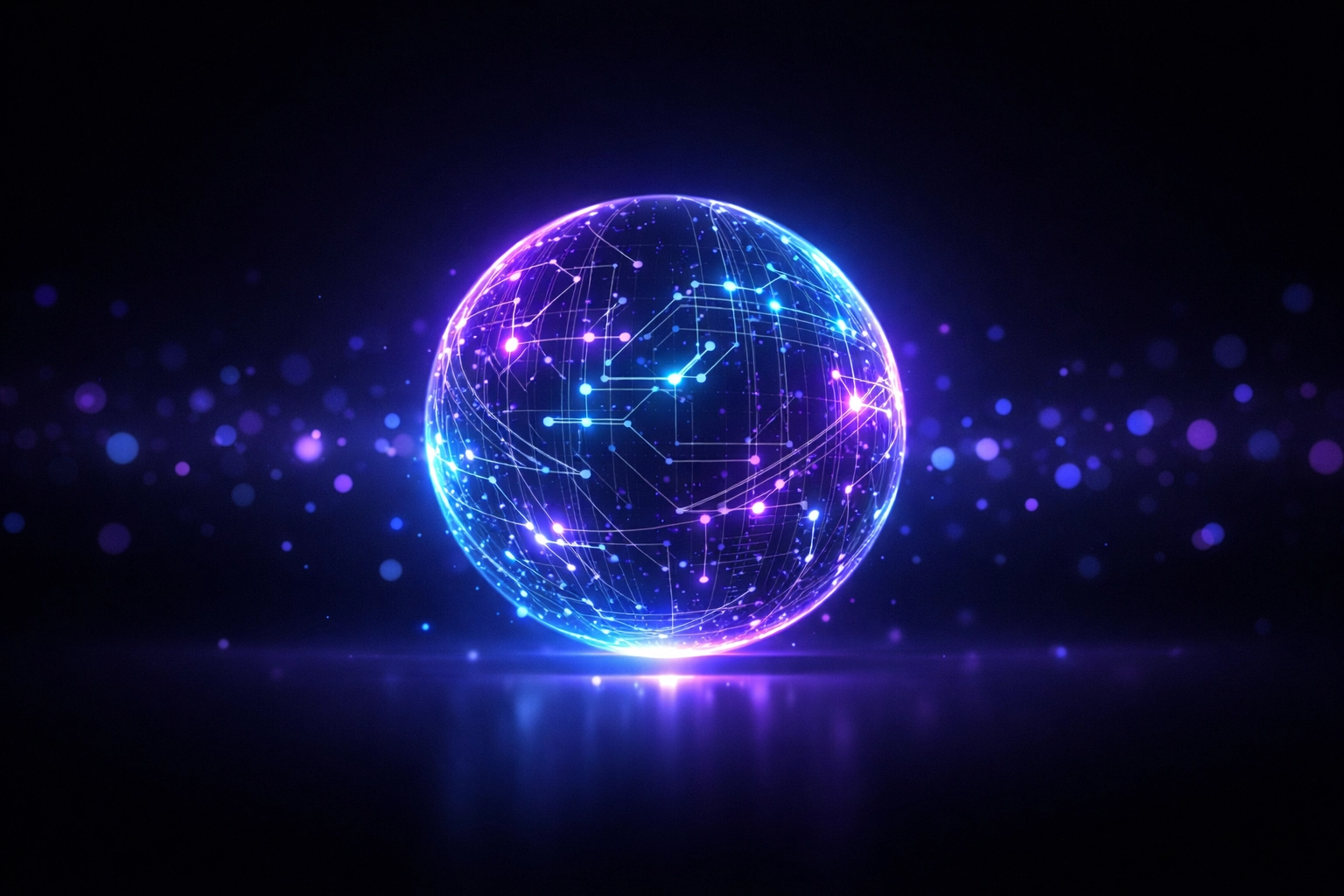 Glowing digital network sphere representing AI answer engines and search authority for small businesses.