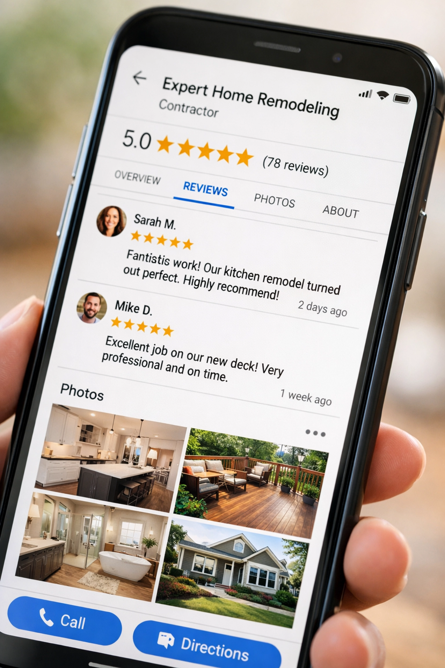 Google Business Profile for contractor showing 5-star reviews and project photos Google Business Profile for contractor showing 5-star reviews and project photos