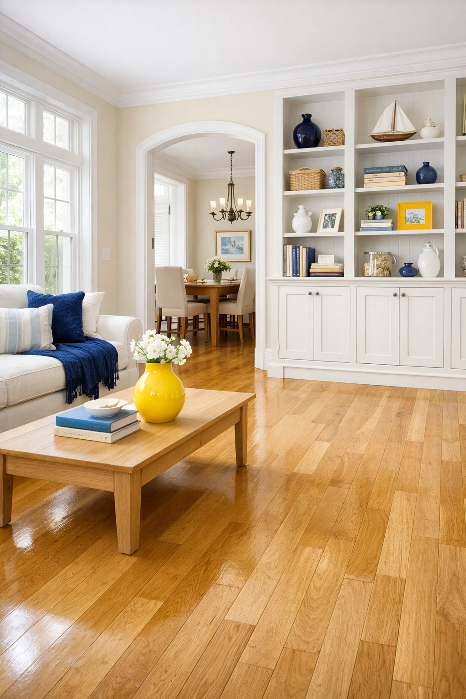Pristine living room with clean hardwood floors after recurring house cleaning in Hubbardston MA.