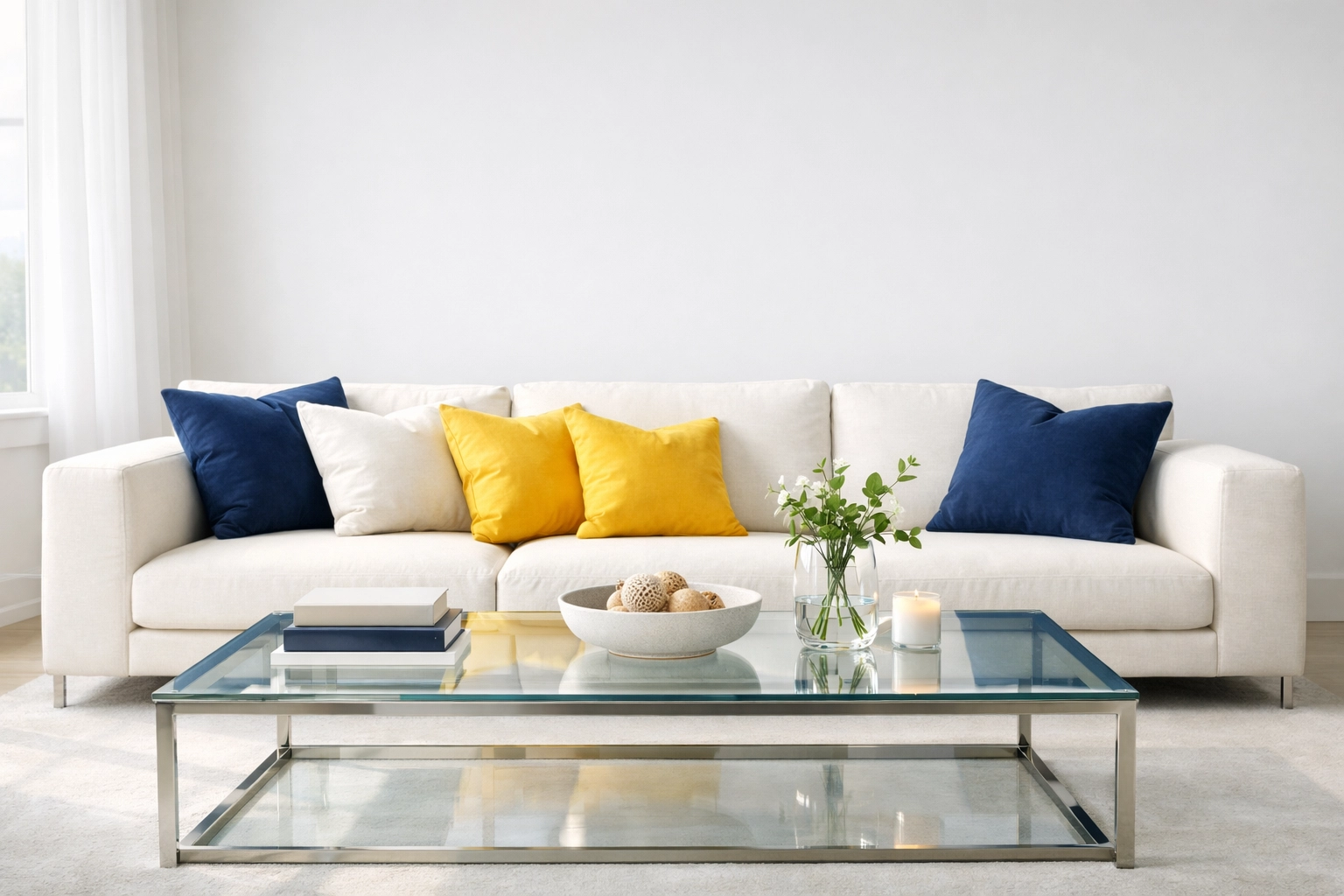 Organized minimalist living room with navy blue and yellow accents reflecting a healthy, dust-free home environment.