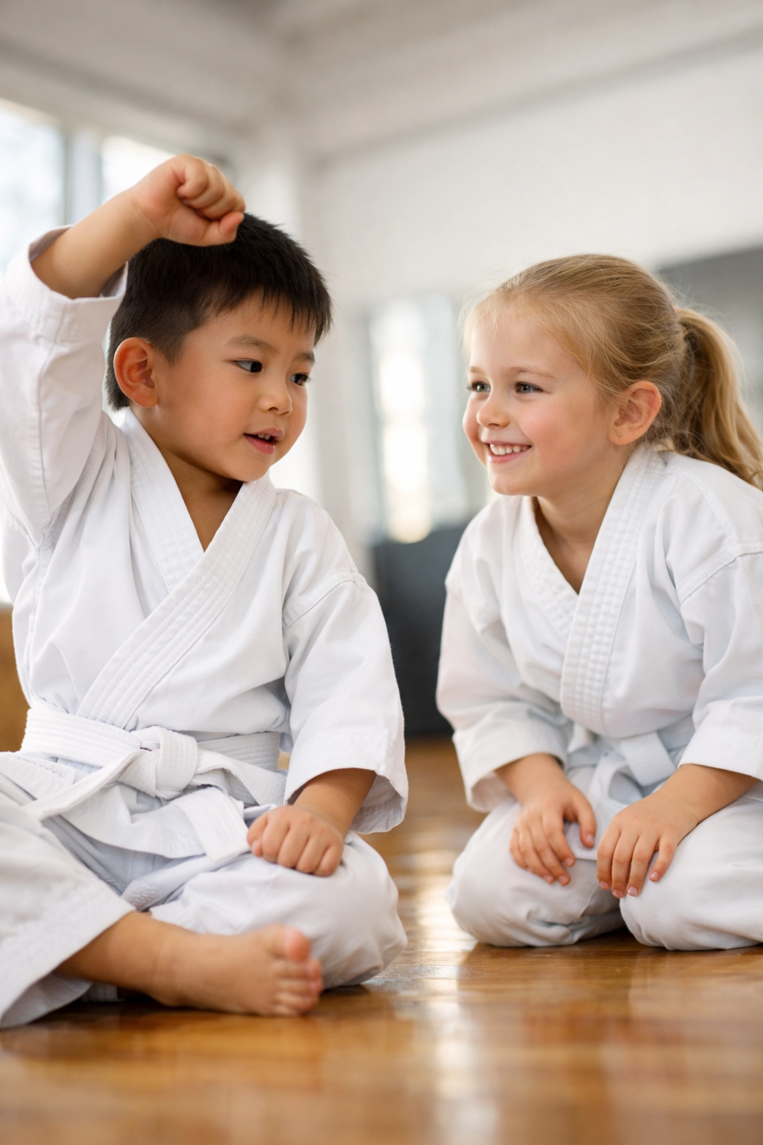 Two kids practicing karate together in supportive training environment