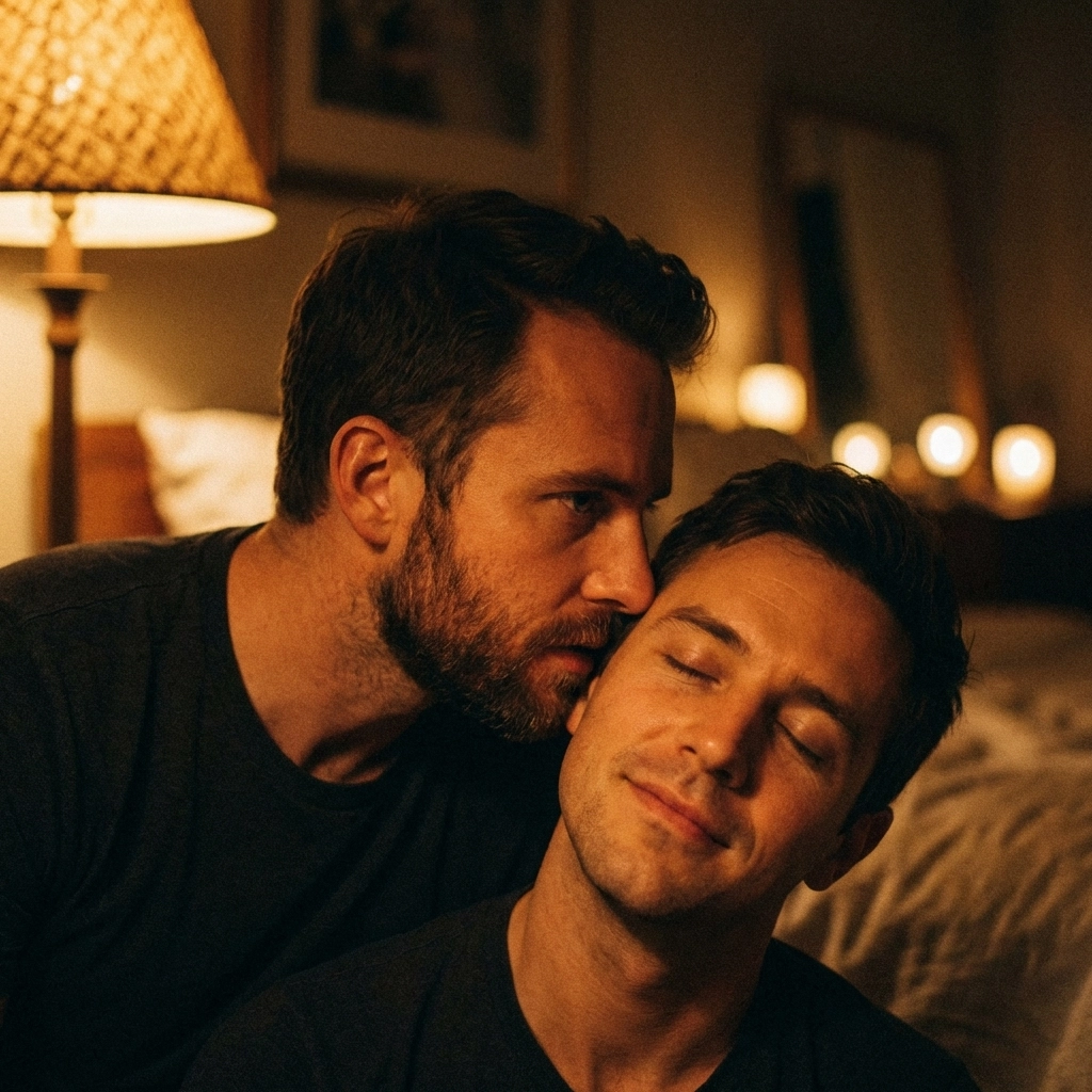 An intimate gay couple sharing a private moment of dirty talk and connection in a moody bedroom.
