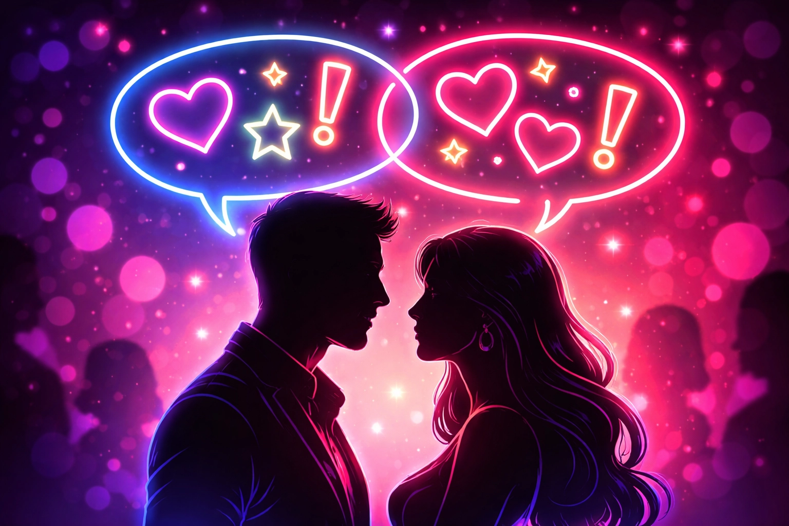 Silhouetted couple faces each other with neon speech bubbles, representing clear, honest sex conversations.