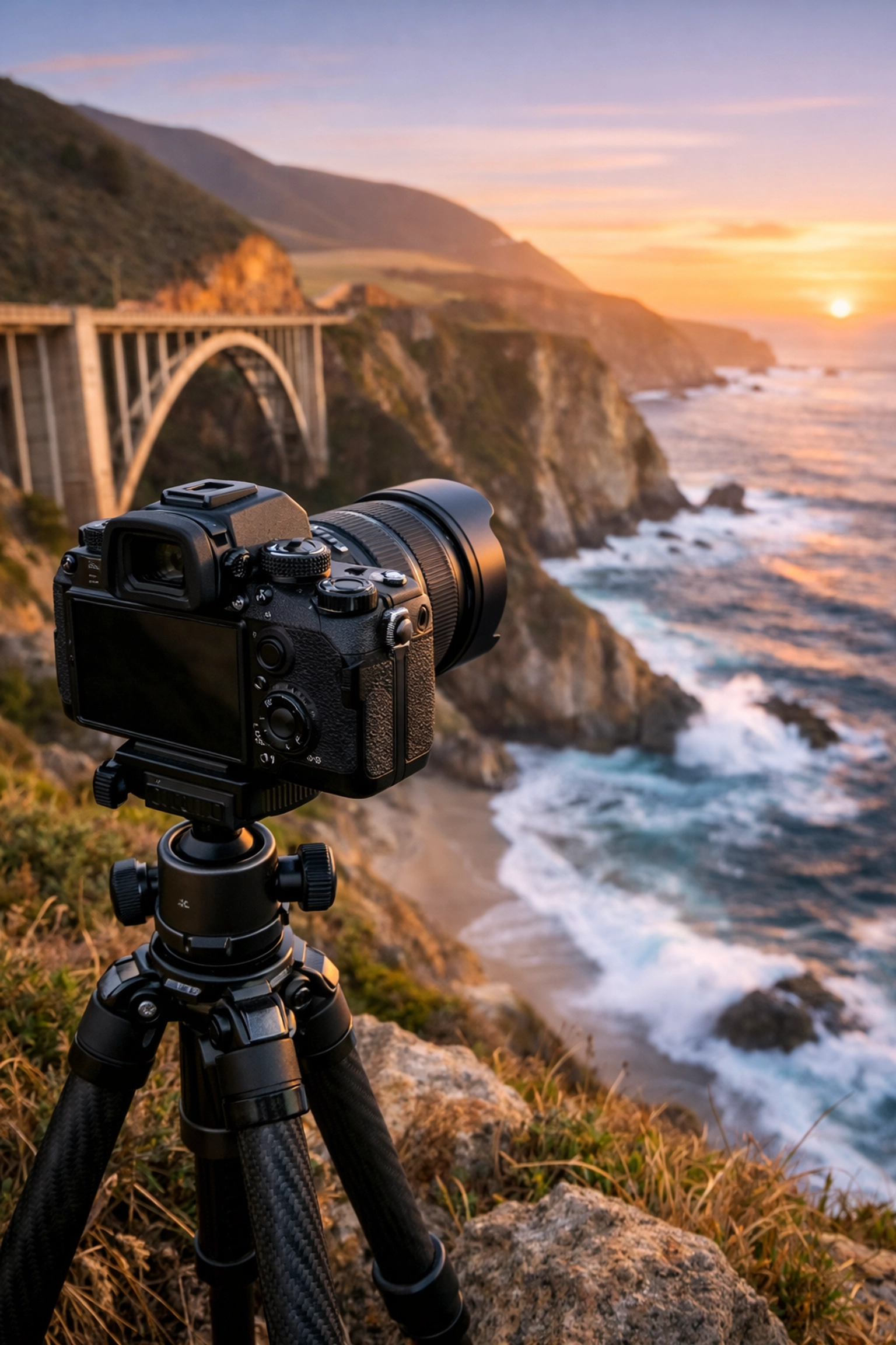 Camera on a tripod at Bixby Creek Bridge, illustrating travel photography tips for coastal landscapes.