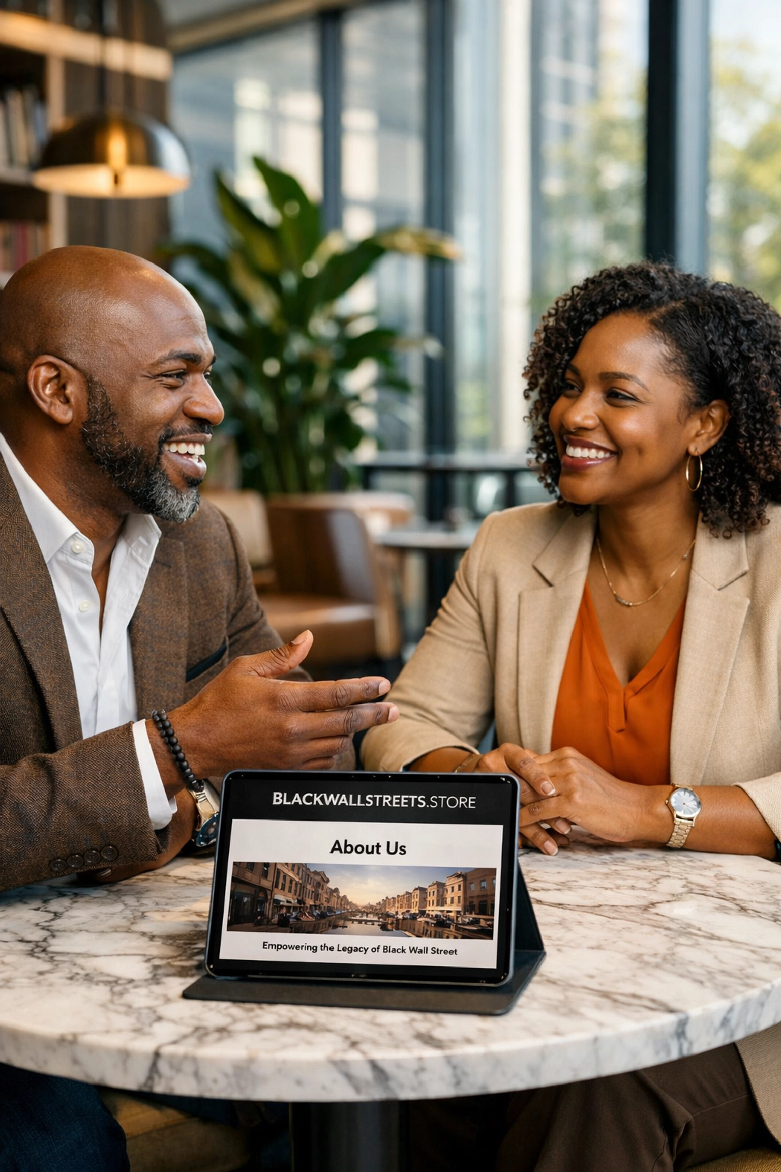 Black professionals collaborating in a modern office using The Black Wall Streets marketplace platform.