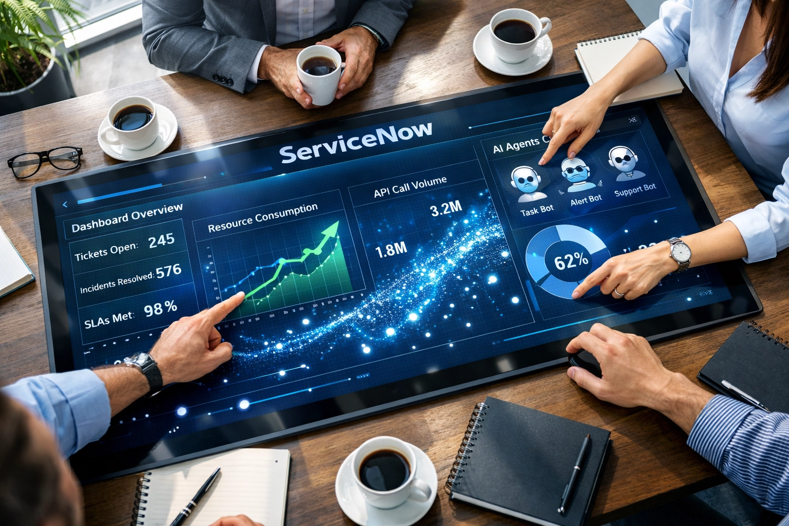 Team analyzing ServiceNow ROI metrics and consulting services performance data