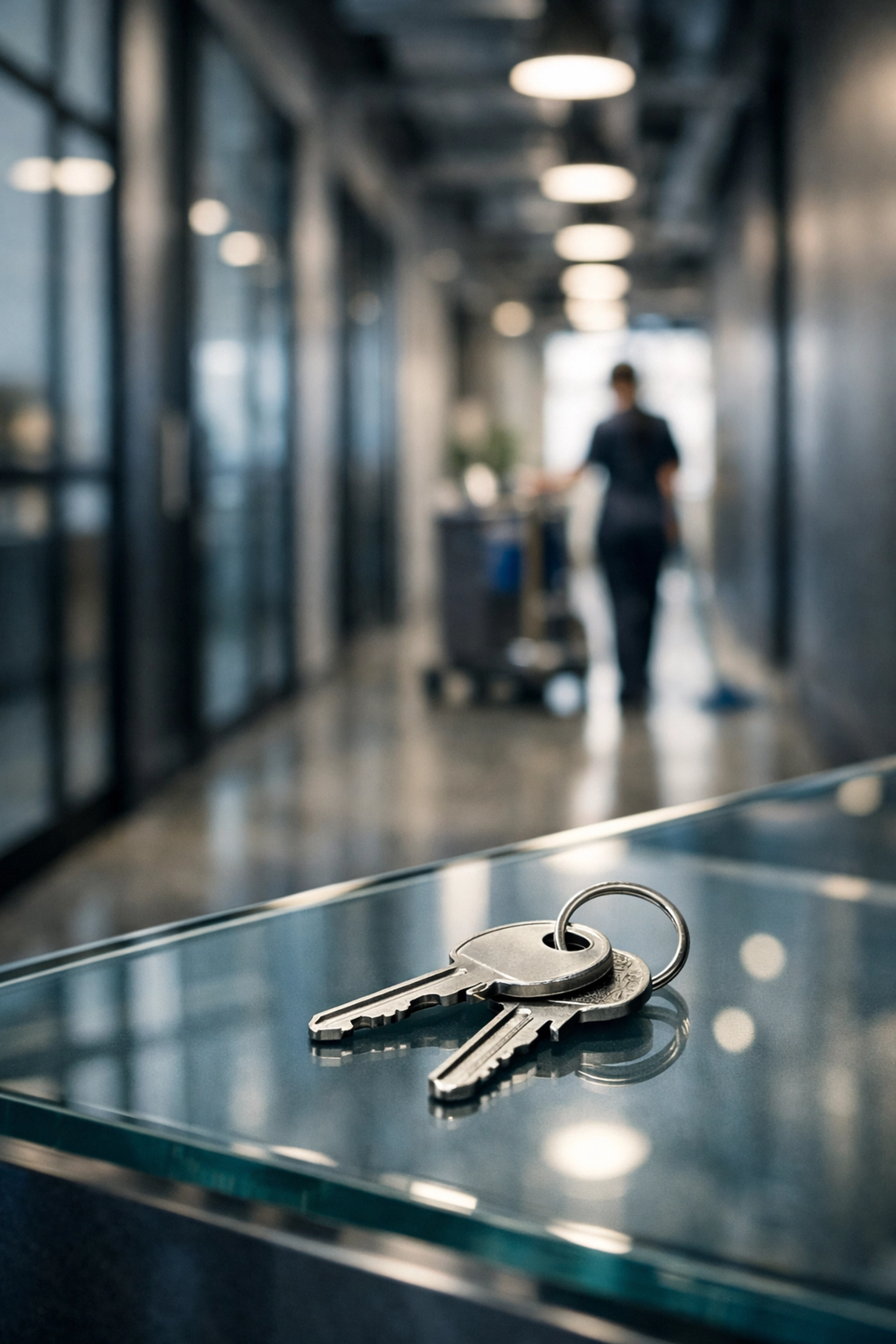 Silver commercial keys in a modern office, representing a successful turnkey cleaning franchise transfer.