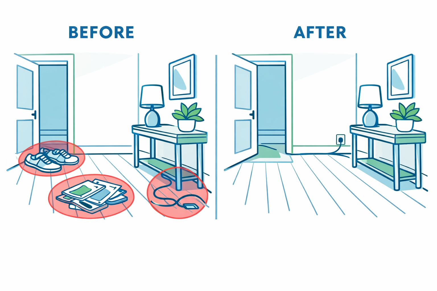 Common household trip hazards for seniors highlighted before and after light housekeeping