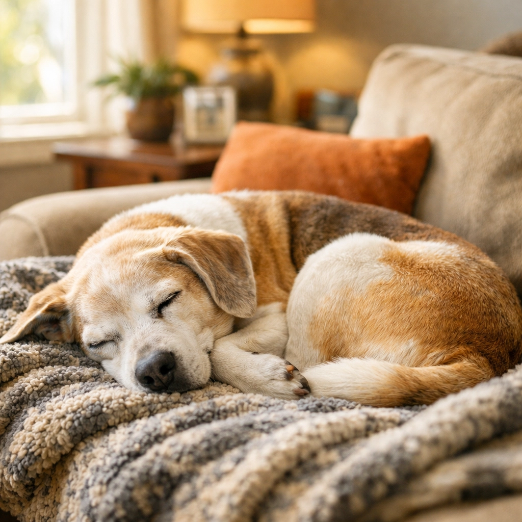 Senior dog sleeping peacefully on couch in forever home after adoption