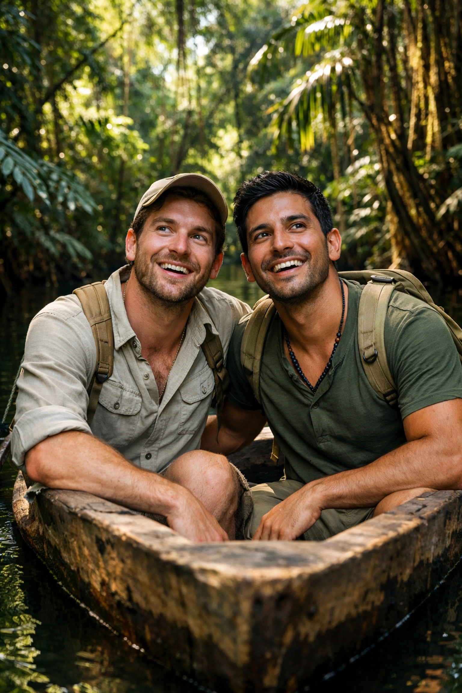 Two men exploring the Amazon jungle in a canoe, a classic adventure trope in MM romance books.