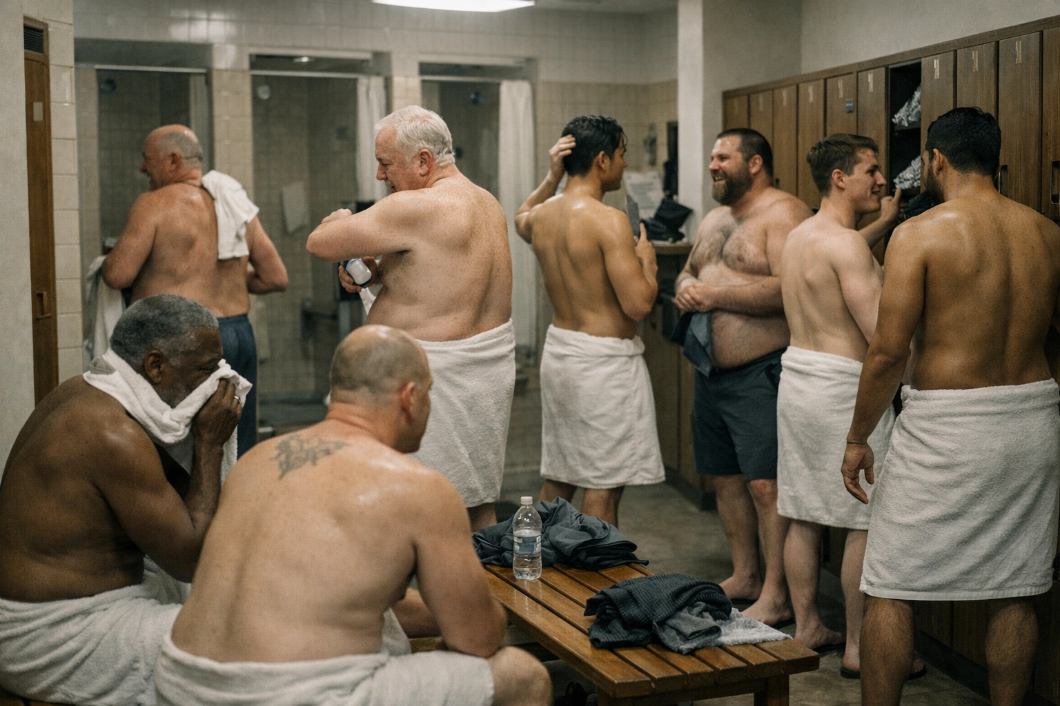 Diverse men in gym locker room showcasing body positivity and community