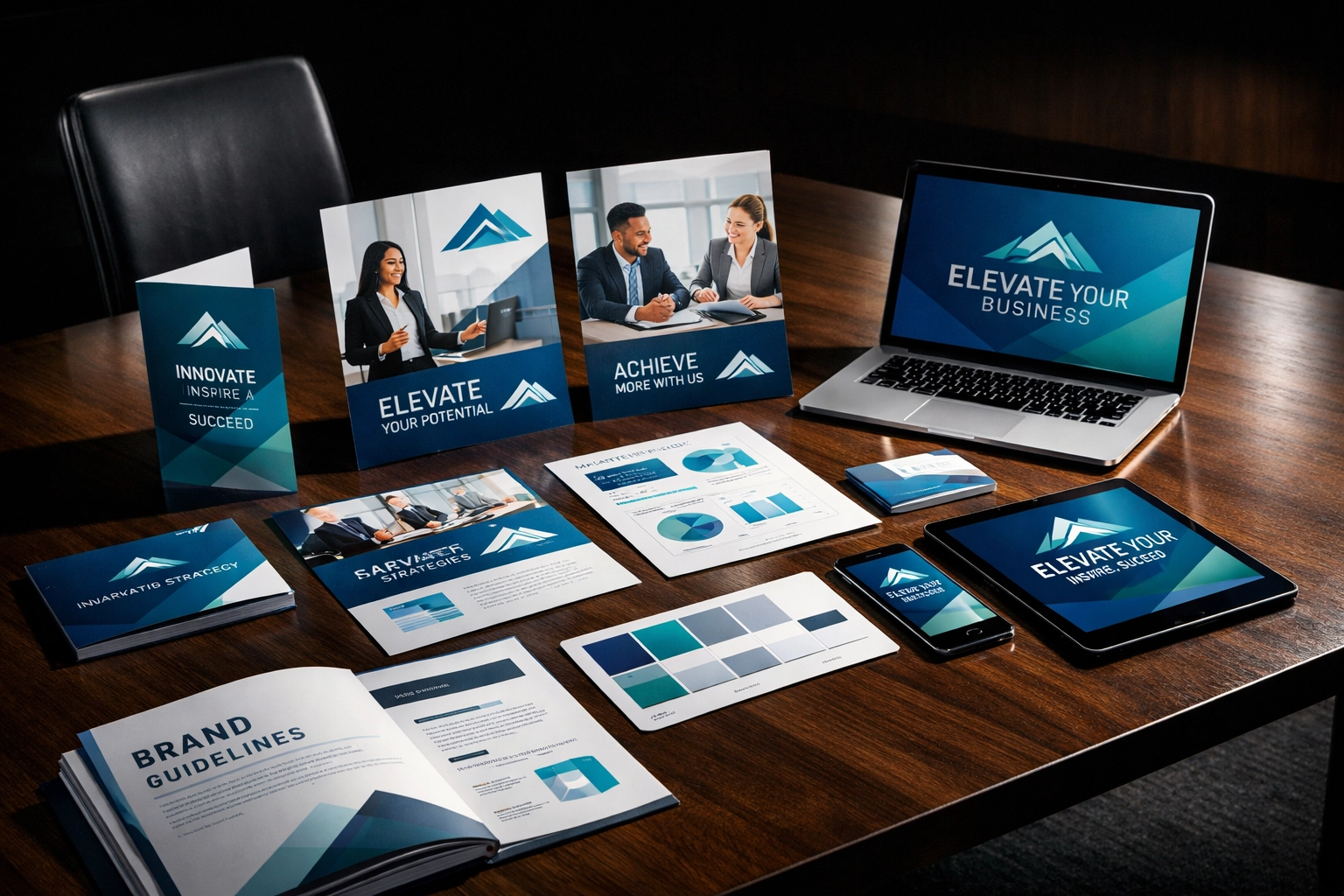 Brand consistency materials including style guides and marketing collateral arranged for campaign management