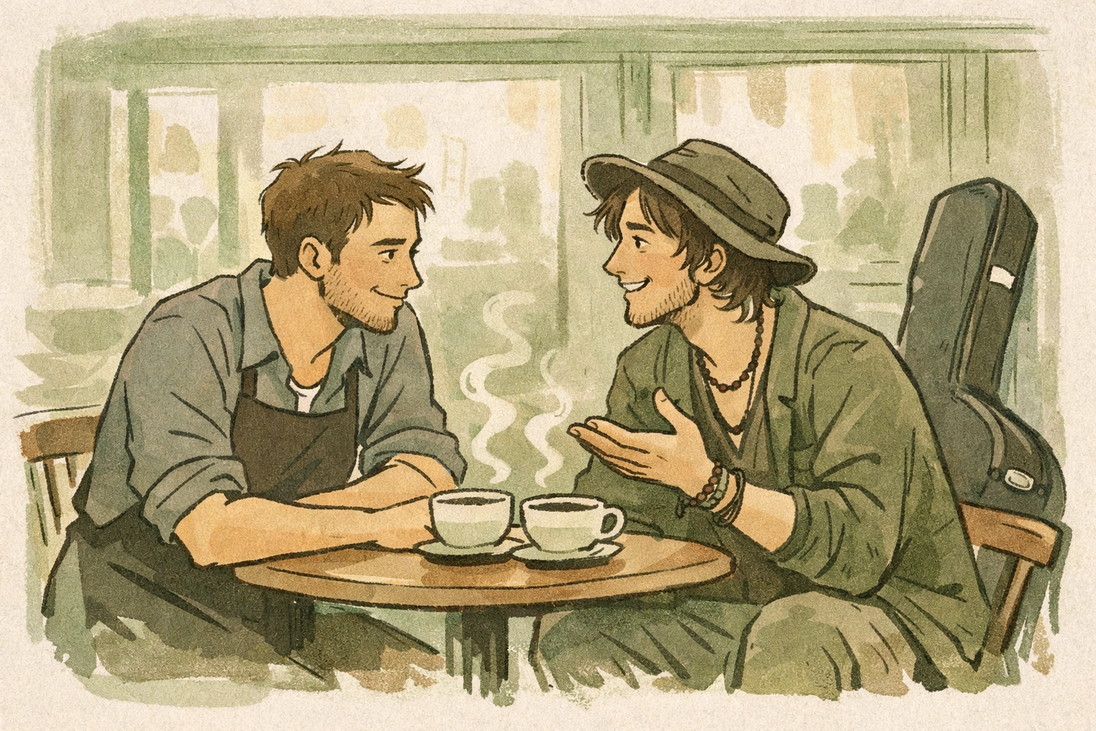 Gay couple meeting over coffee in Wellington café - MM romance New Zealand barista street performer