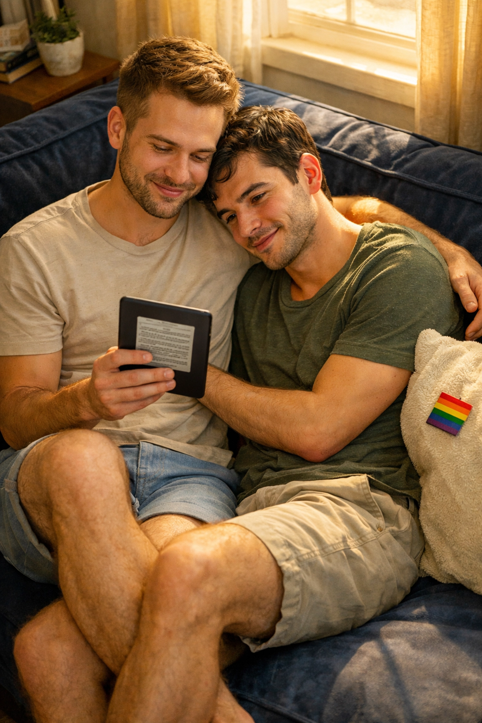 Two men enjoying an LGBTQ+ ebook together on a sofa, representing the heart of MM romance stories.