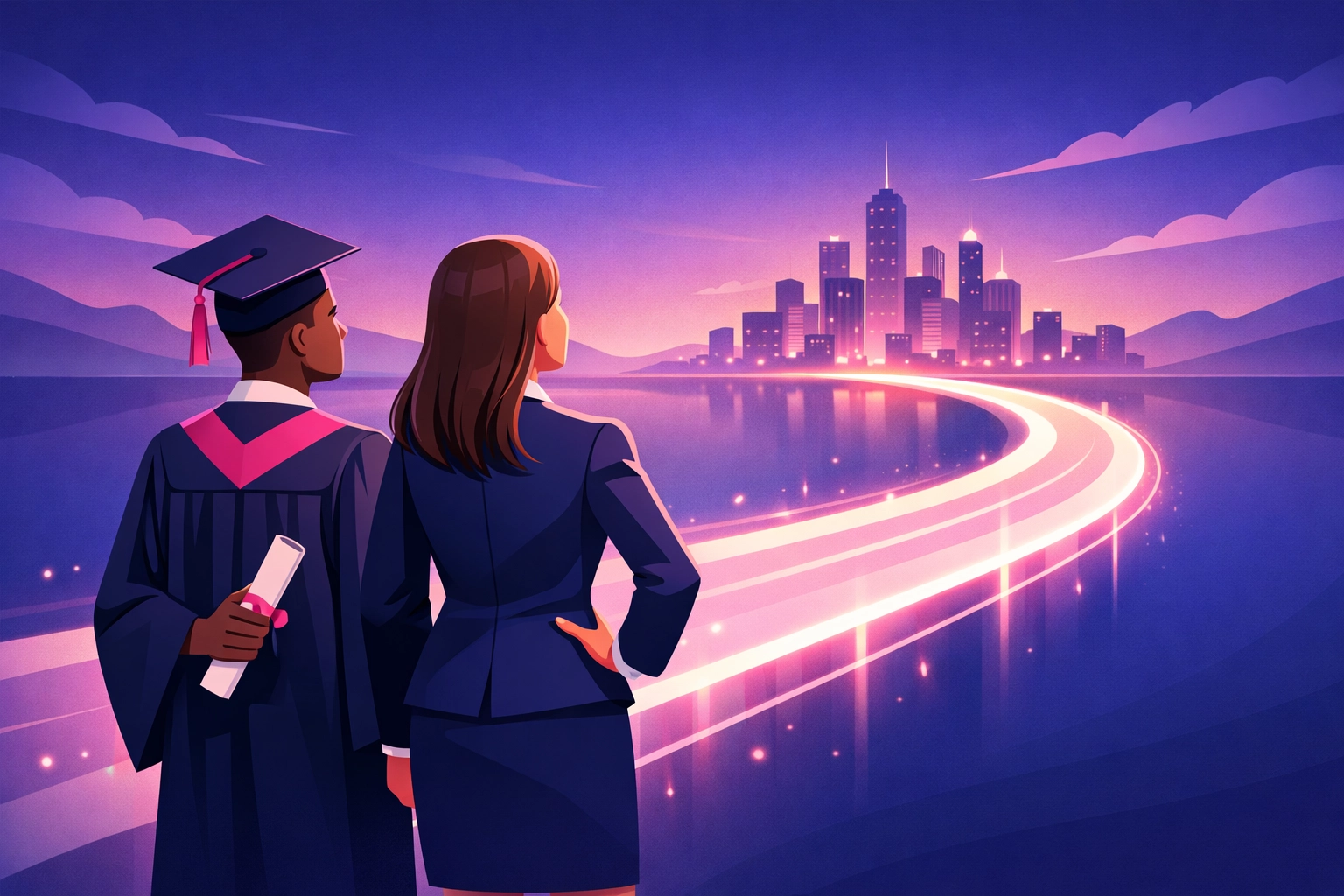 Business mentor and student graduate looking toward a city skyline, representing community scholarship support.