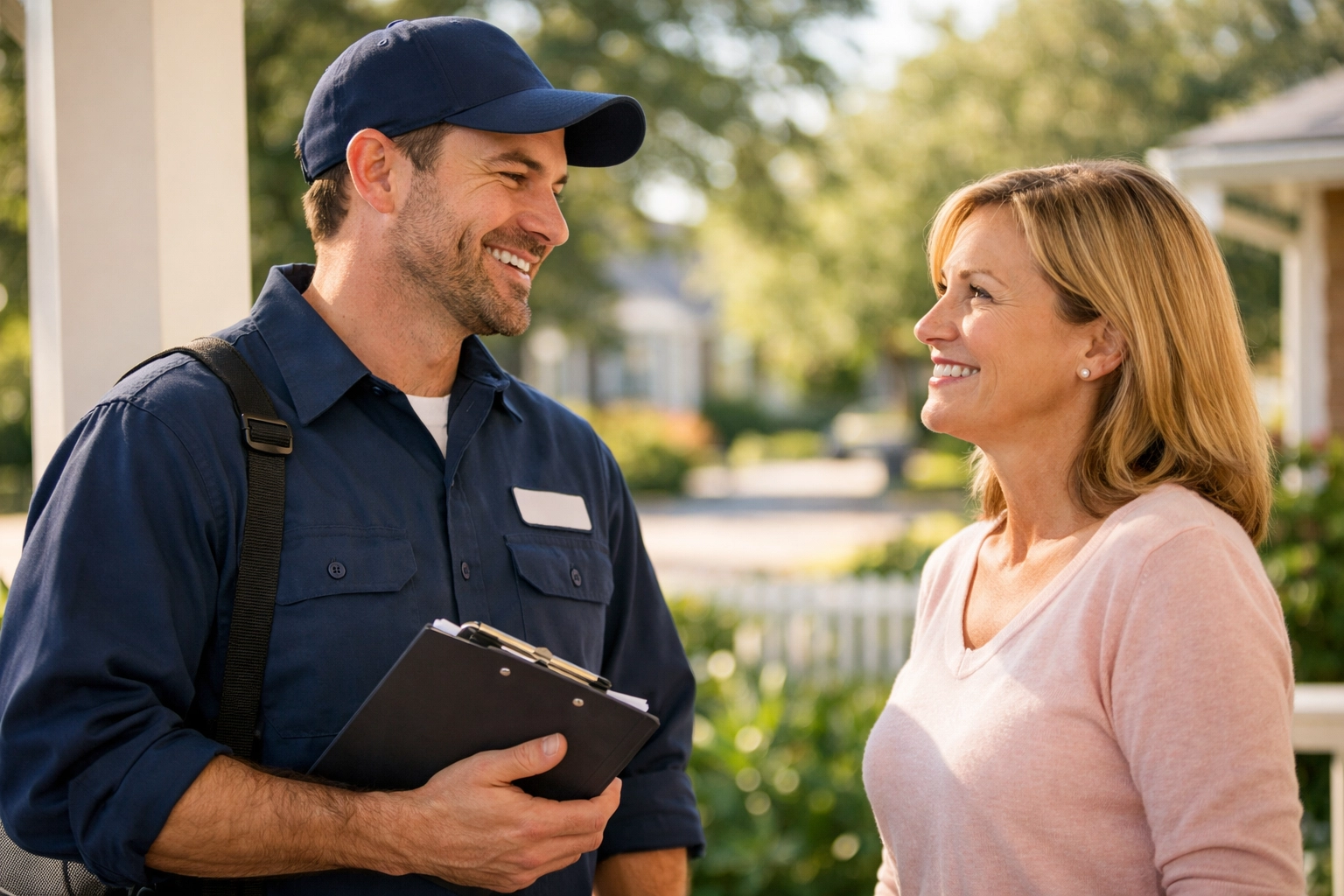 A professional local service technician talking to a homeowner to build community trust and rapport.
