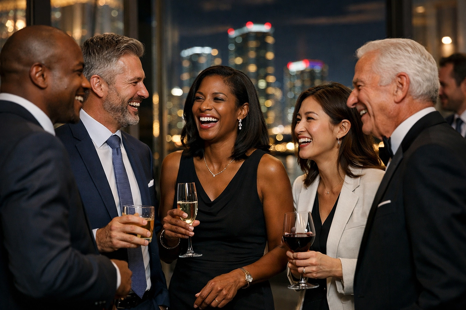 Corporate event photographer Miami captures high-end networking at a gala overlooking the Brickell skyline.