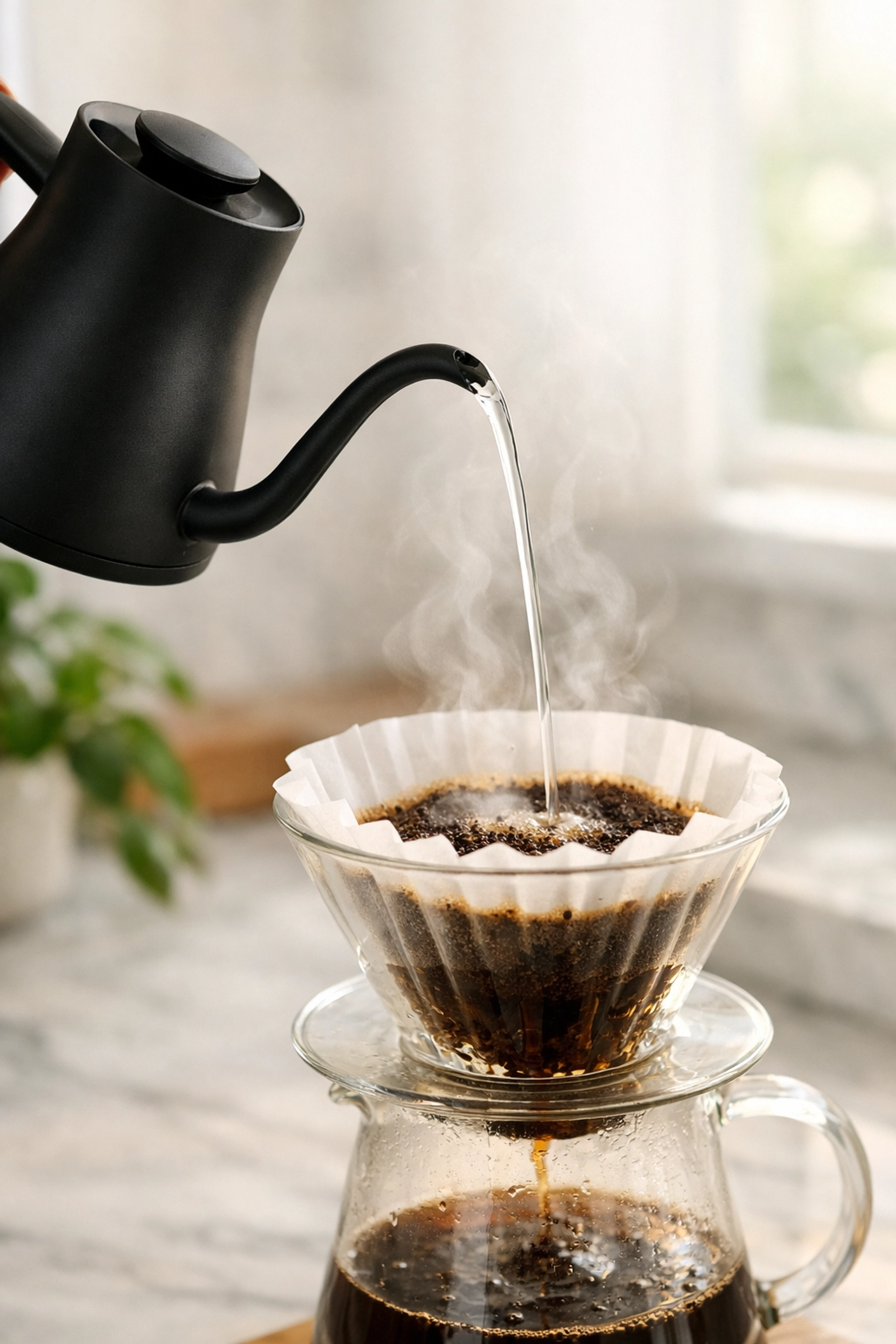 Matte black gooseneck kettle pouring hot water into a glass pour-over coffee brewer.