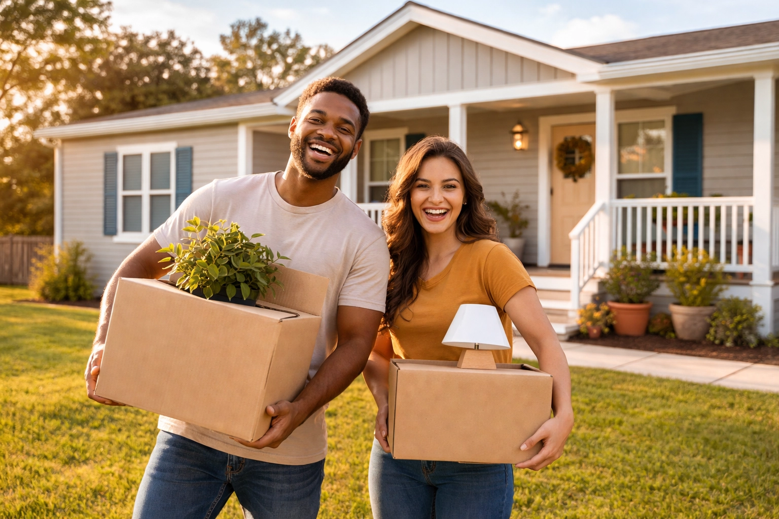Happy couple moving into their new manufactured home in Texas on a sunny day