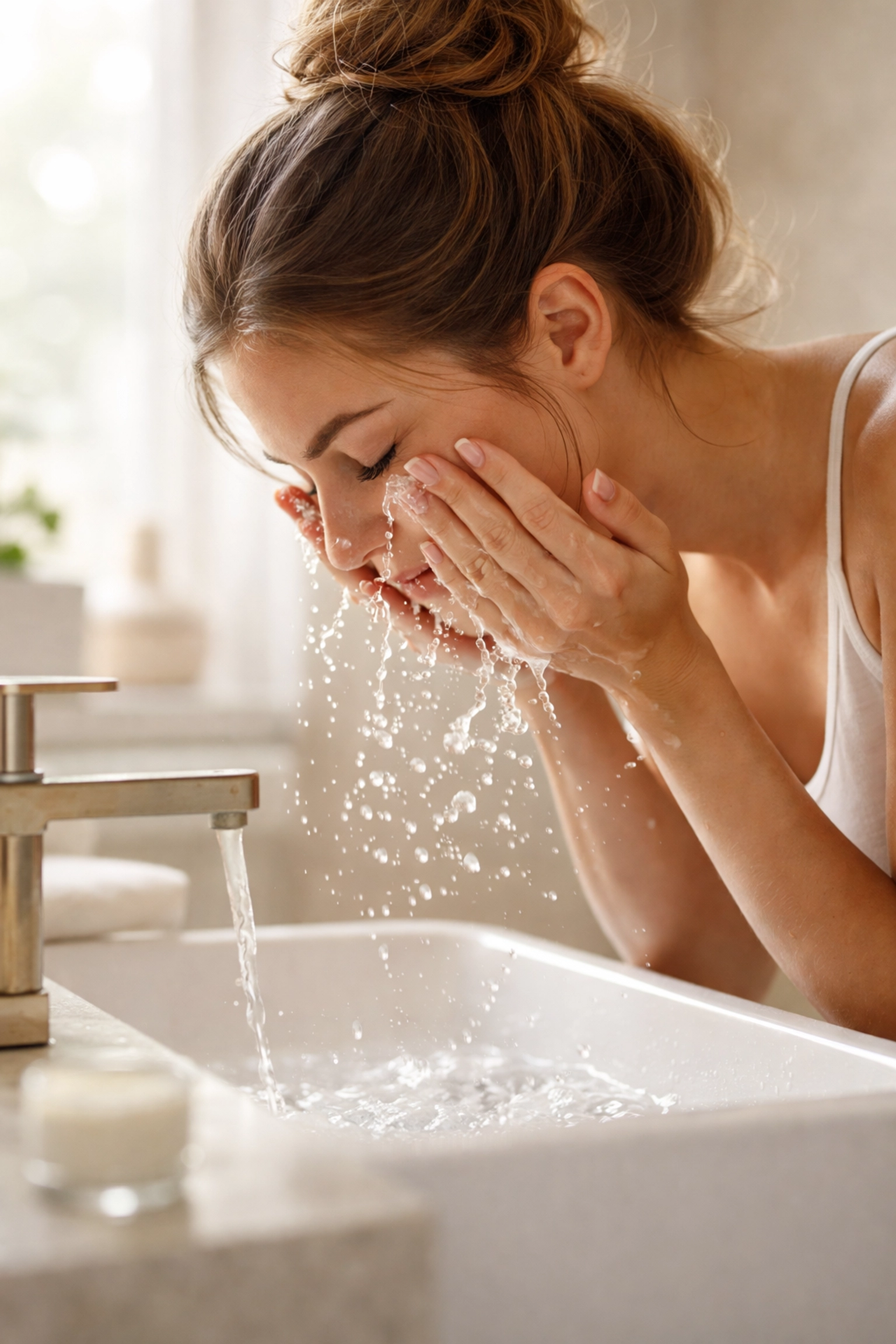 Woman gently rinsing her face with lukewarm water to support skin barrier repair during a skincare routine