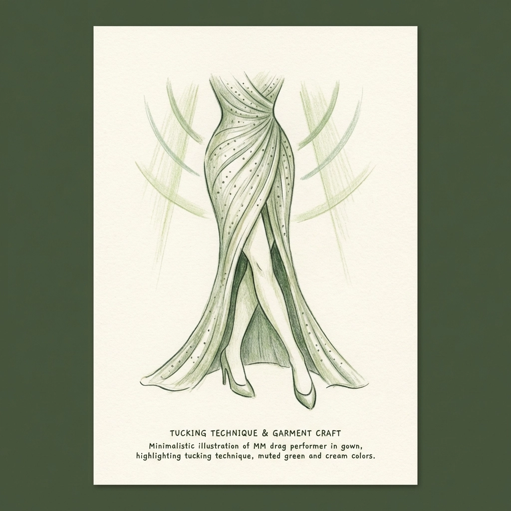 Drag performer in sequined gown demonstrating tucking technique for LGBTQ+ performance art