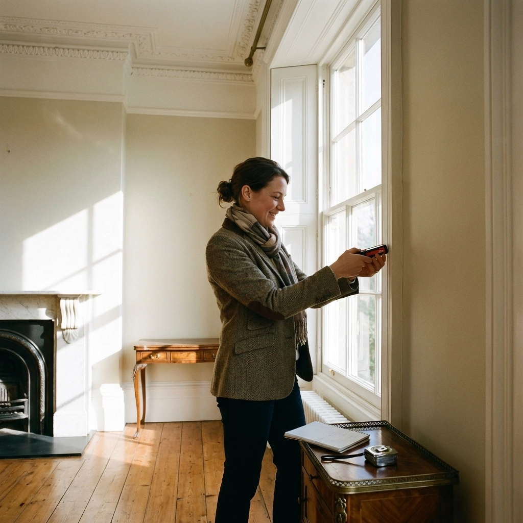 Professional surveyor measuring windows for secondary glazing installation