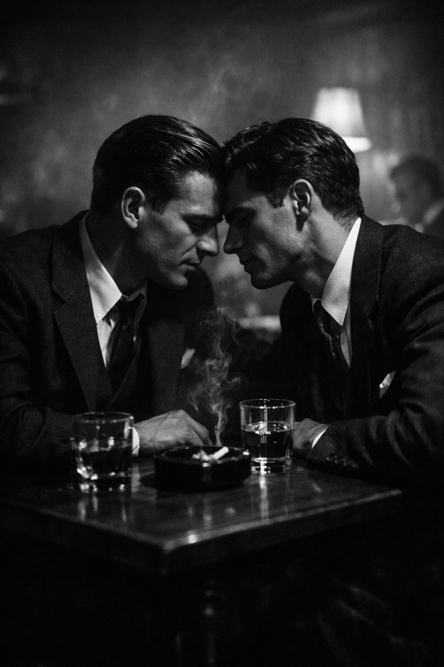 Two men in suits share an intimate moment in a 1950s Oslo lounge, evoking the secrecy of gay historical romance.