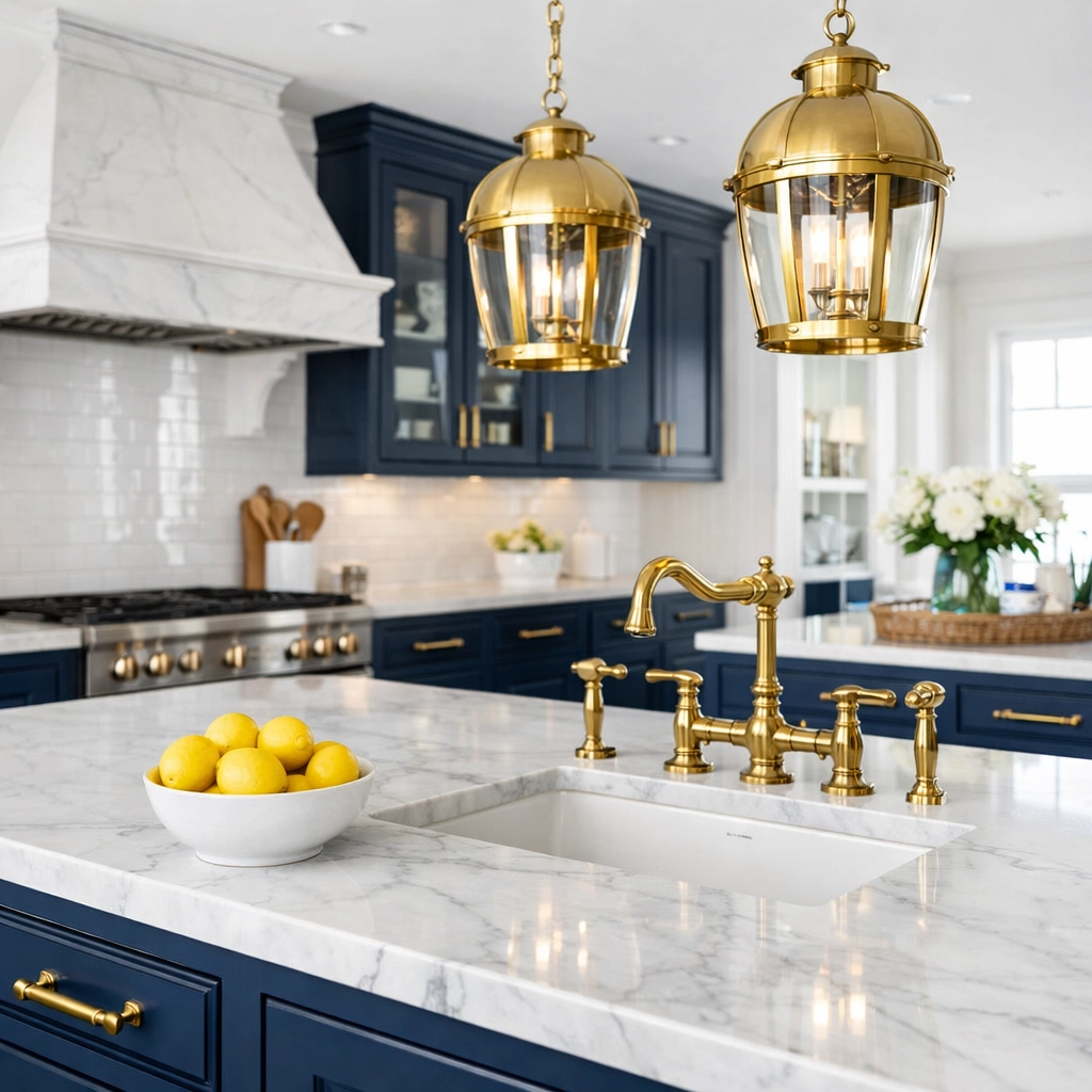 Professional Marblehead luxury house cleaning of a high-end kitchen with marble countertops.