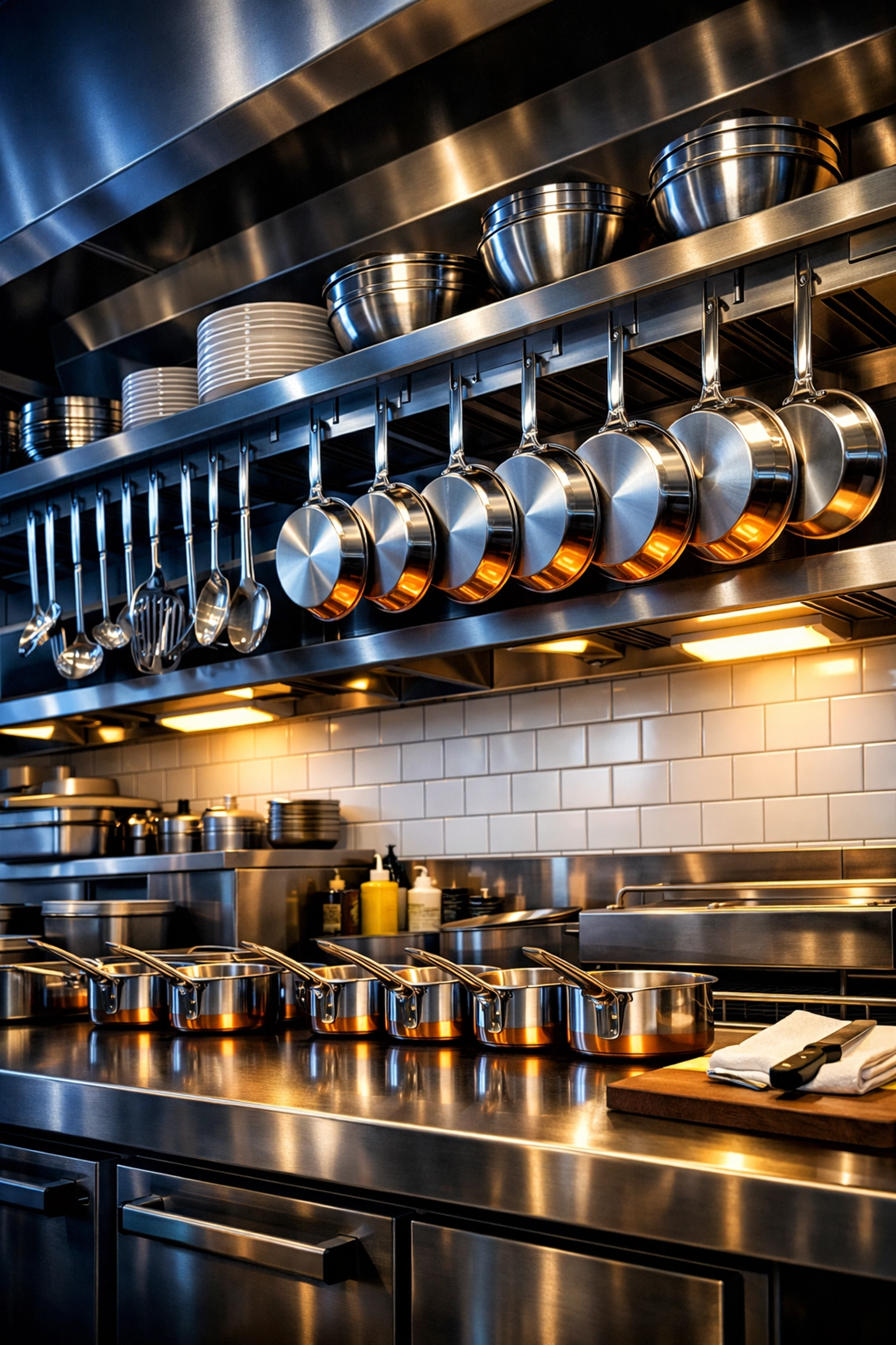 Organized and sanitized restaurant kitchen line station with clean tiles and cookware.