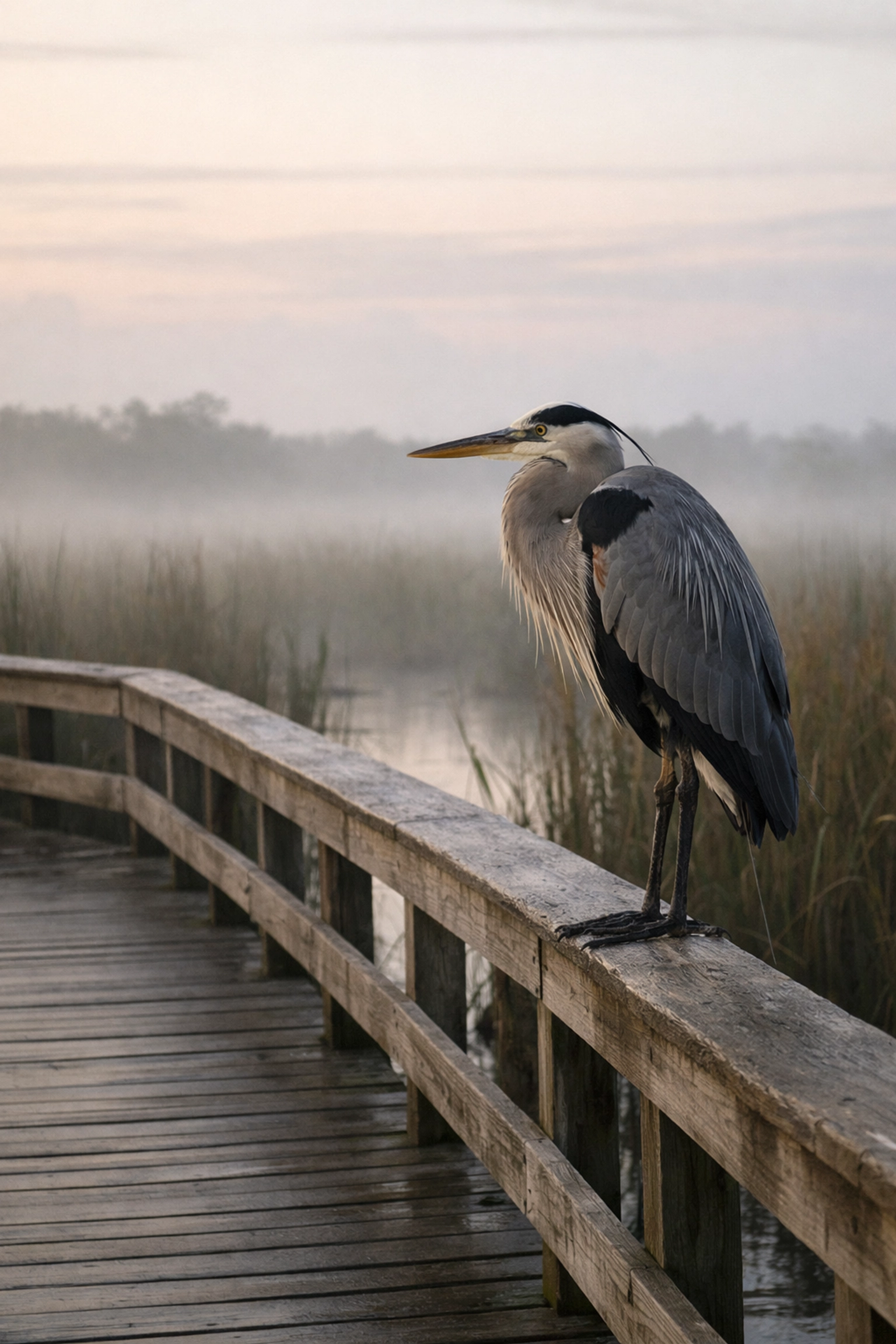 Great Blue Heron perched on a misty boardwalk at Anhinga Trail, a prime Everglades wildlife photography location.