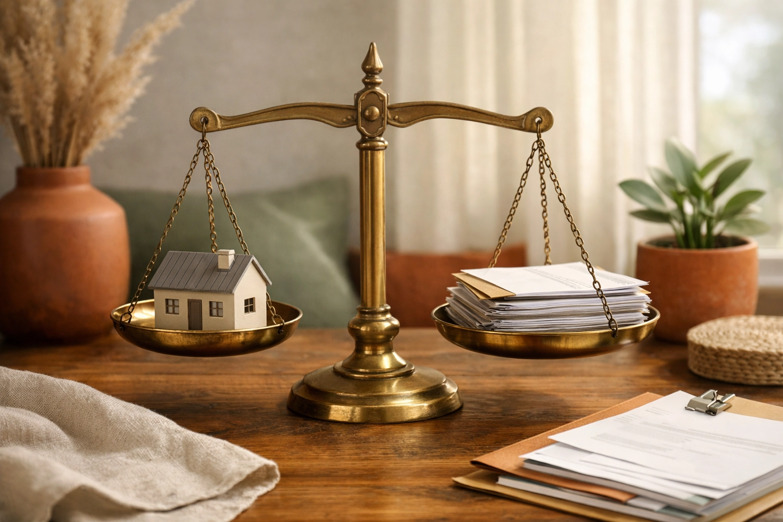 Brass justice scales balancing a small house model and financial papers in a warm, professional workspace.
