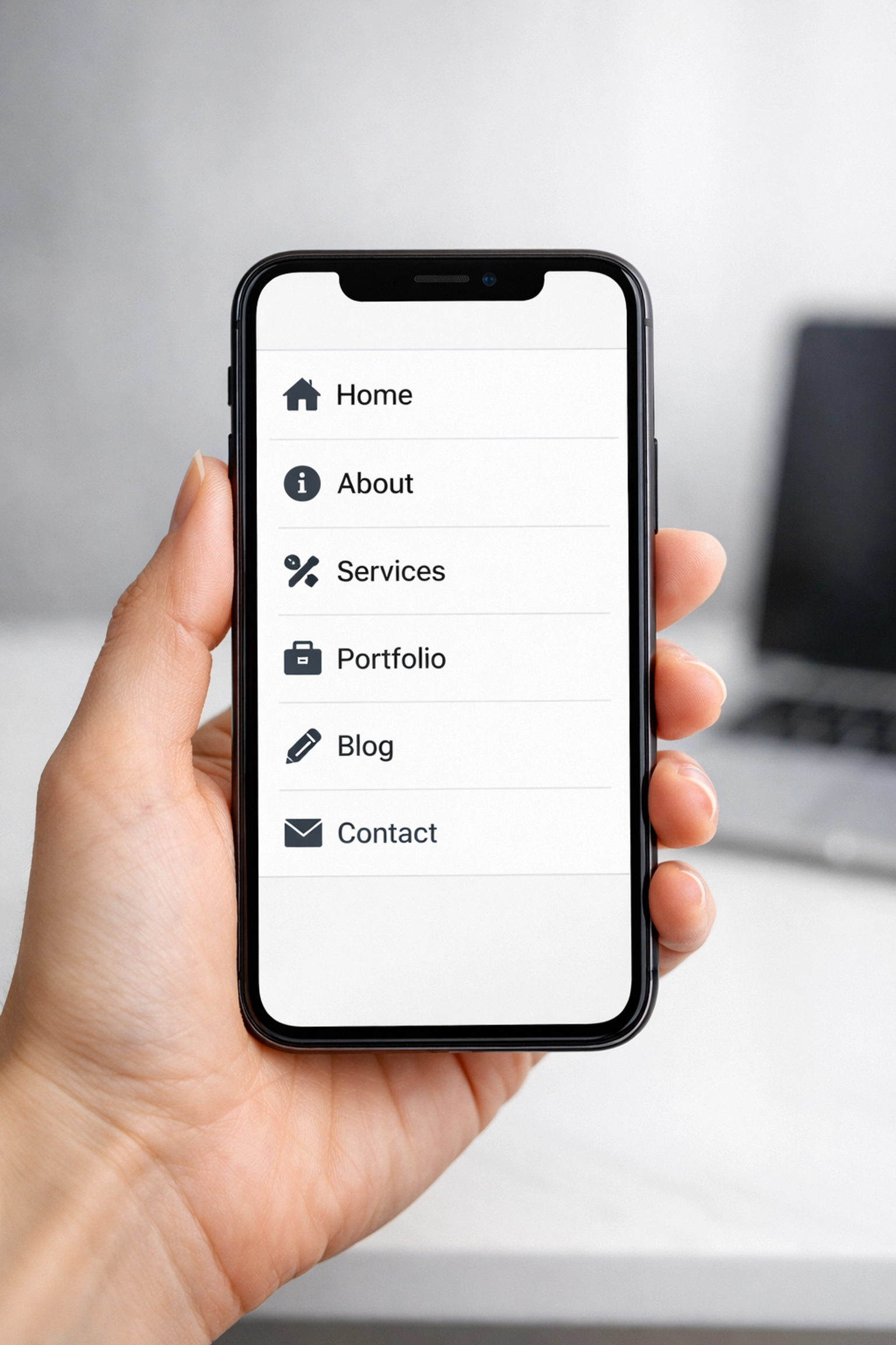 Mobile-optimized B2B website navigation menu displayed on smartphone screen
