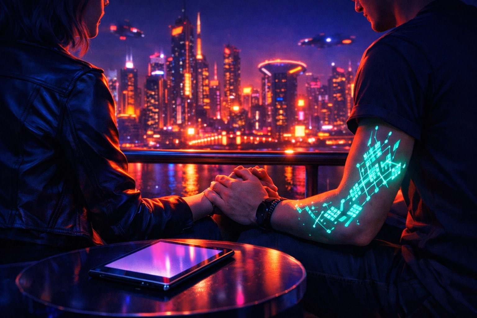Couple holding hands on a balcony overlooking a city, prioritizing human connection over digital devices.
