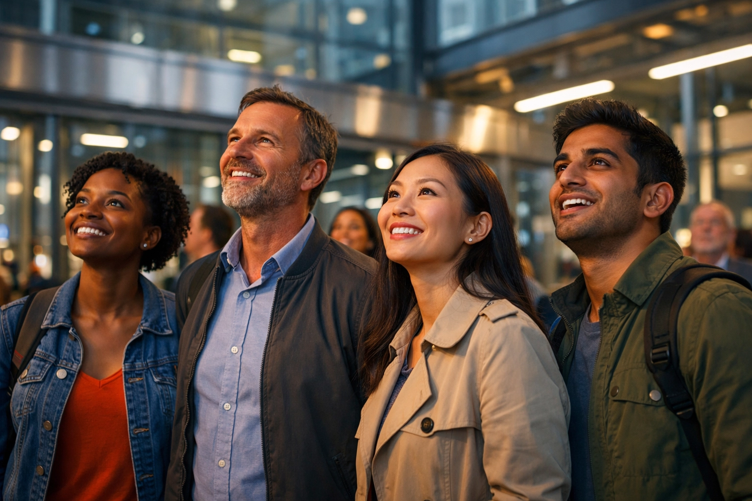 Fans engaging with a large digital advertising display in a modern glass-walled transit hub.