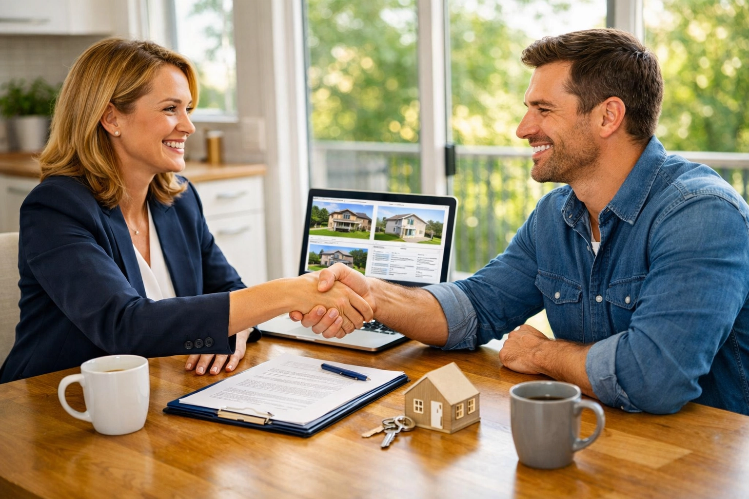 Real estate agent and homeowner shaking hands during smooth home sale negotiation
