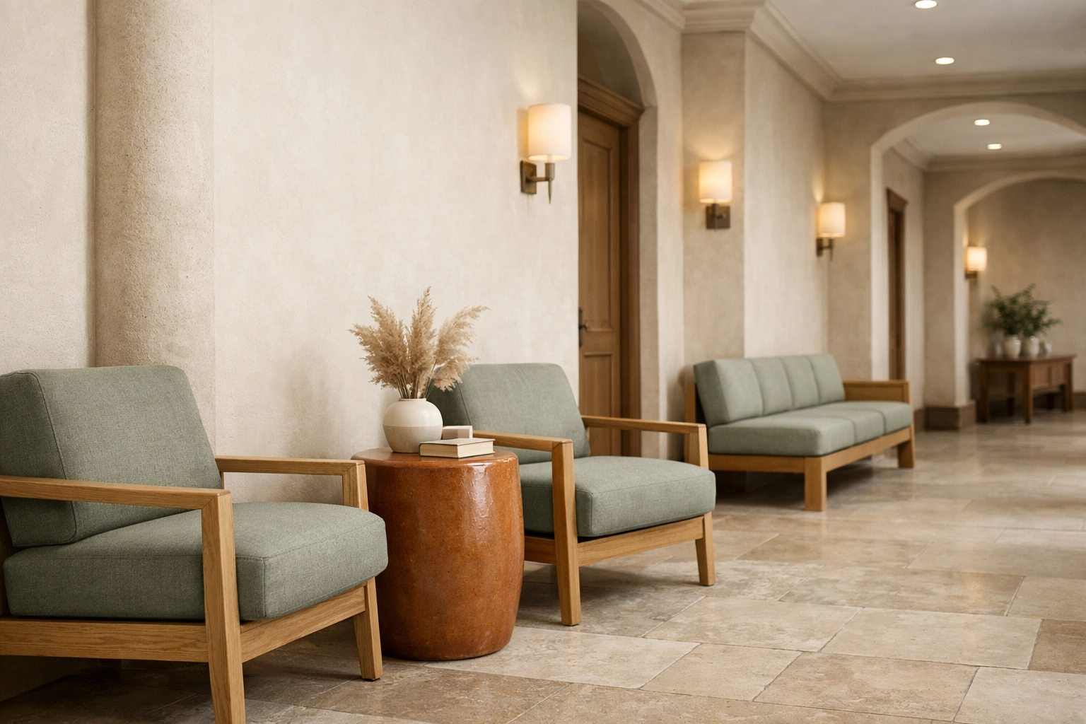 Neutral courthouse-style waiting area detail in a Business Boho palette for spousal support Virginia hearings.