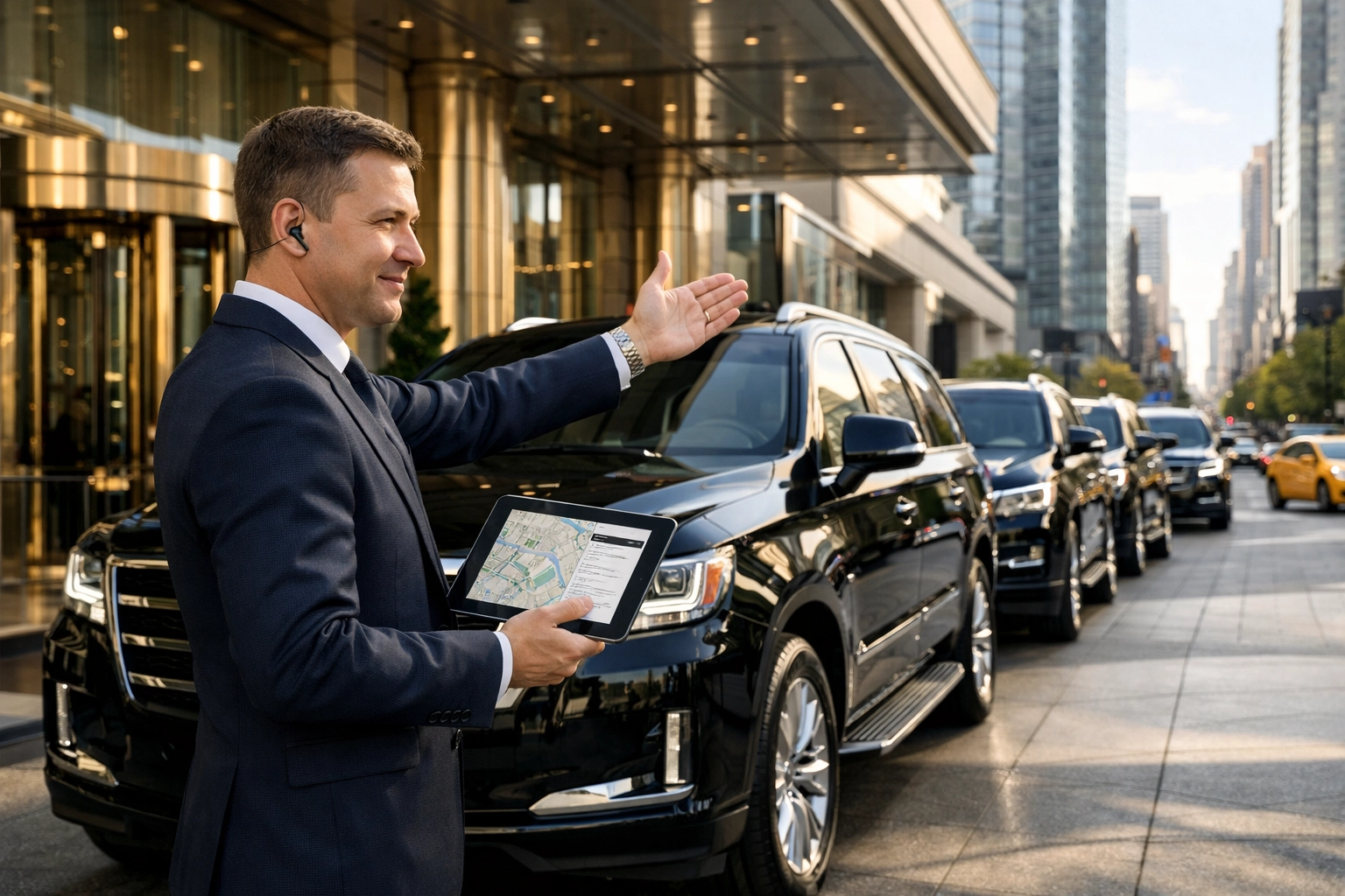 Logistics coordinator managing executive transportation outside a luxury Super Bowl hotel.