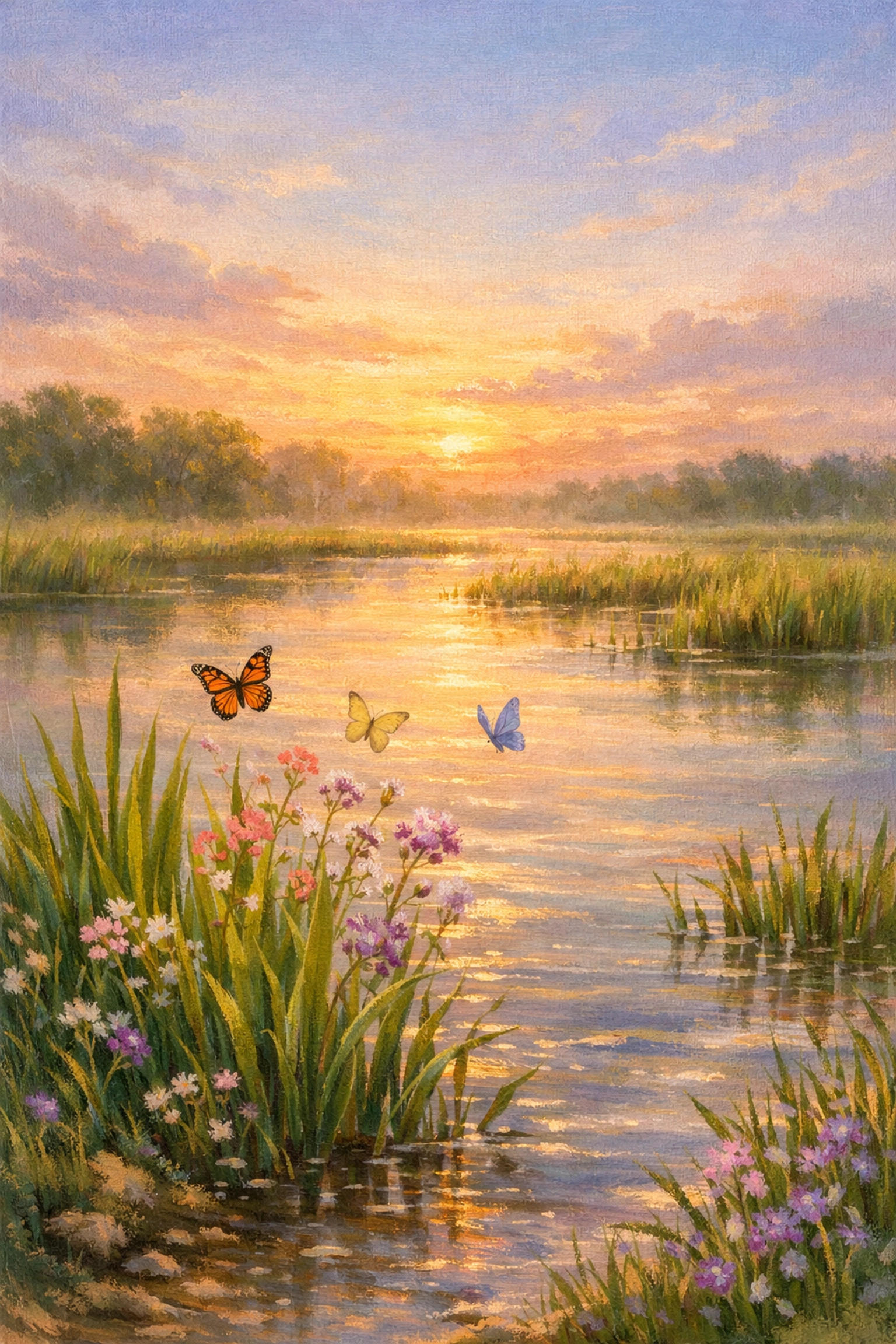 Restored wetland with blooming wildflowers at sunset showing signs of nature's renewal