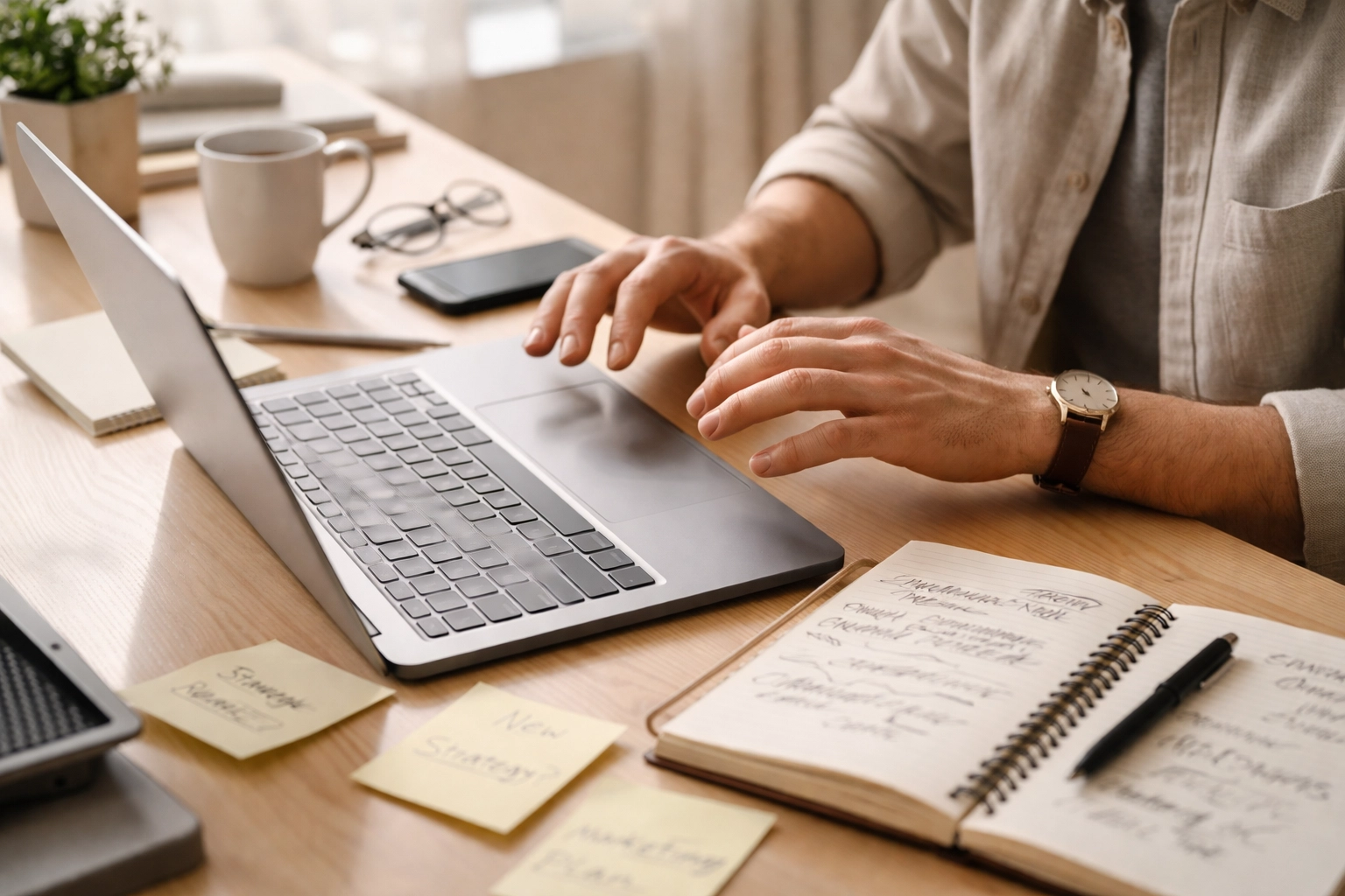 Close-up of a founder's hesitant hands at a laptop, symbolising startup anxiety and decision fatigue