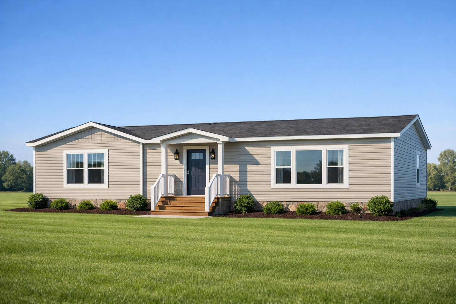 Professional view of a double-wide mobile home requiring clear title for real estate financing and insurance.
