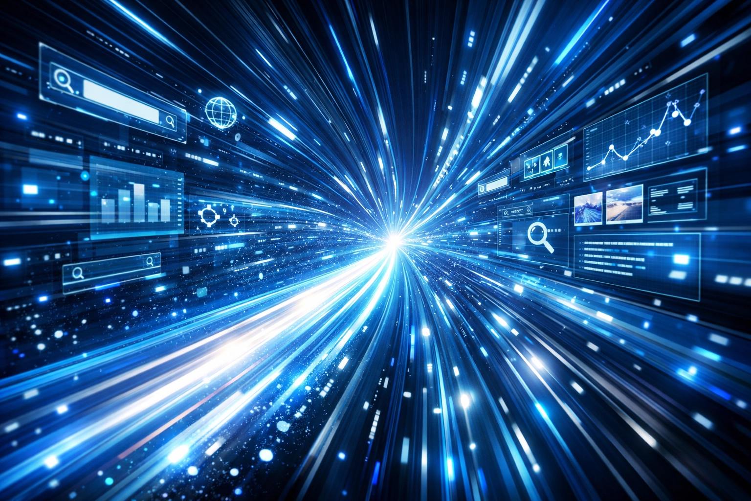 Speeding light trails symbolizing rapid Google Search visibility and fast digital media coverage for startups.