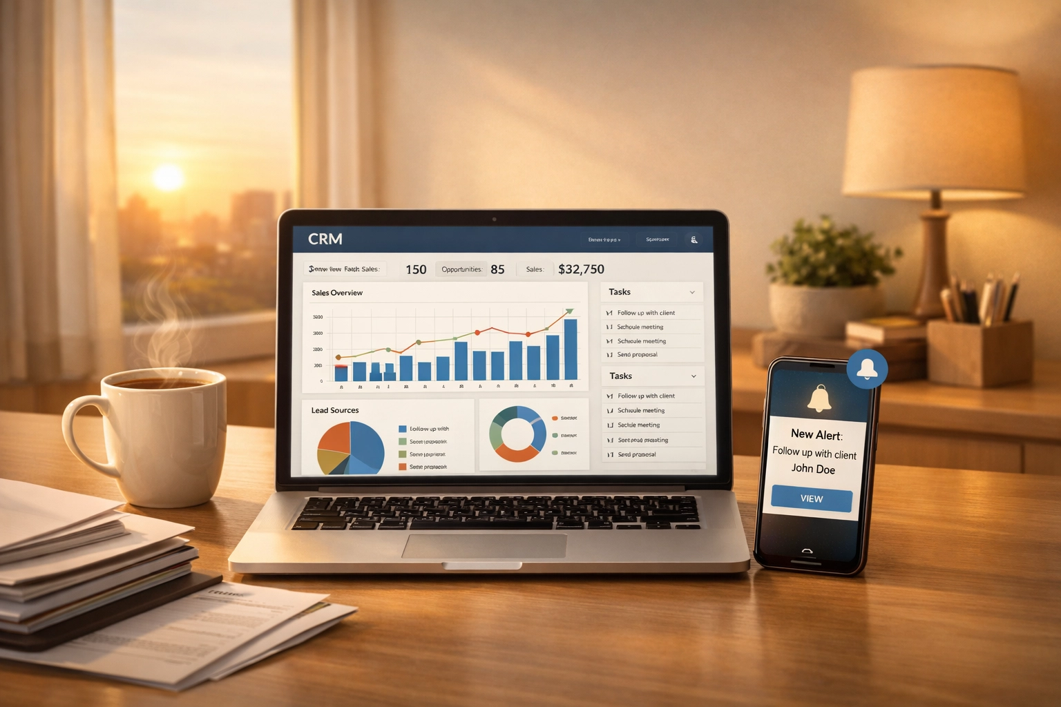 Modern home office workspace showing CRM automation tools for solopreneurs to reduce operational chaos.