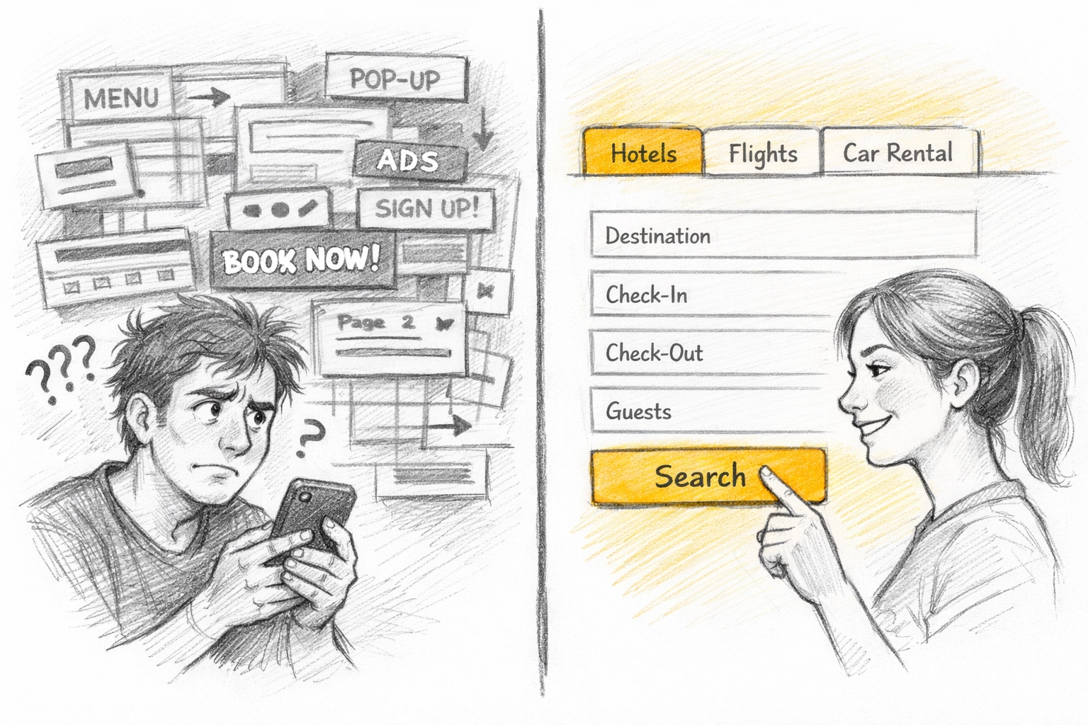 Comparison of cluttered website navigation vs simple tabs booking interface on mobile devices