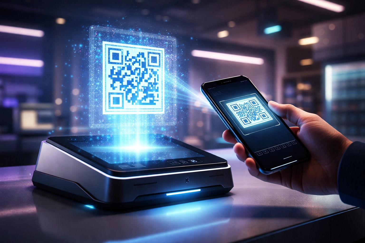 Customer scans a holographic QR code at a futuristic crypto POS terminal, bridging physical retail and metaverse shopping.