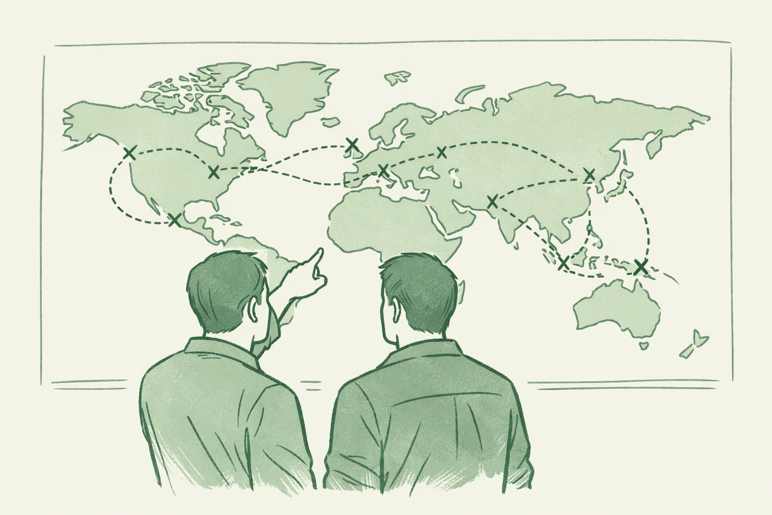 Gay men viewing world map of Underground Rainbow international escape routes