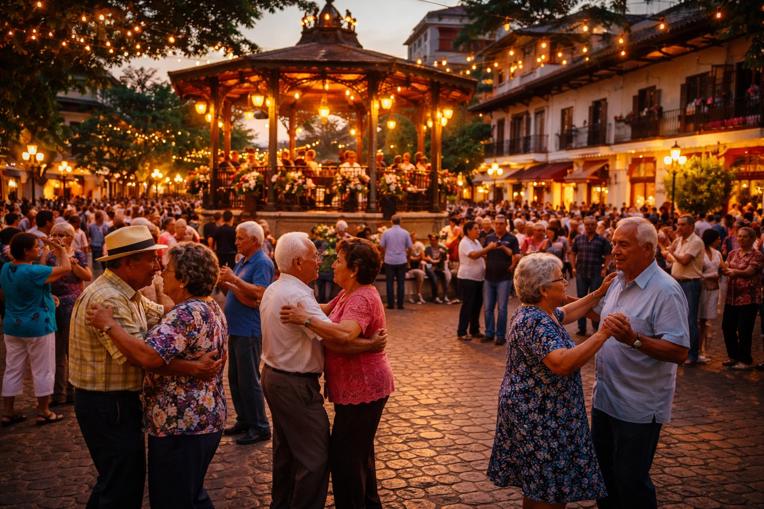 Seniors dancing to live Mexican music at Plaza de Armas in Puerto Vallarta Old Town during a festive evening
