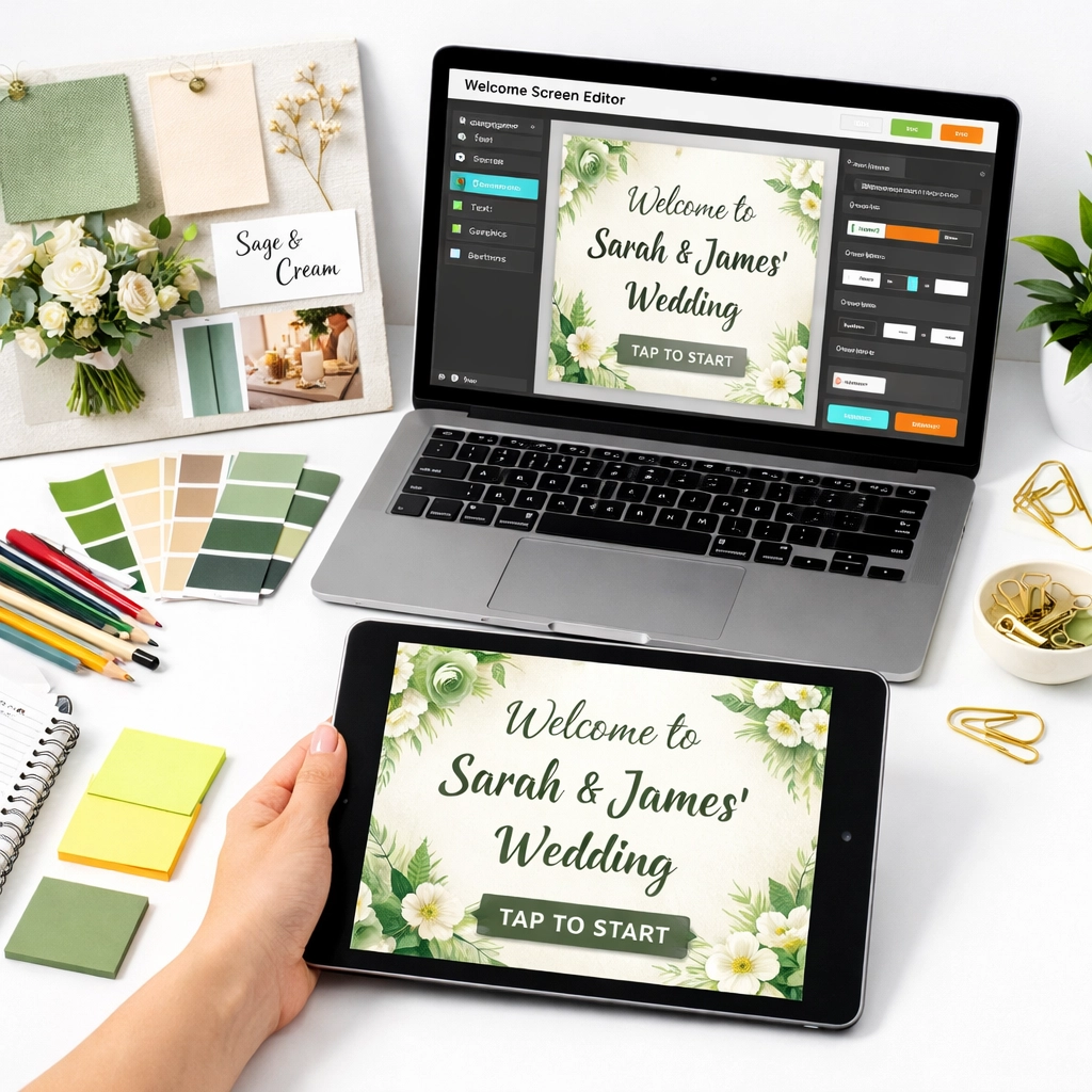 Photo booth software customization workspace with color swatches and welcome screen design