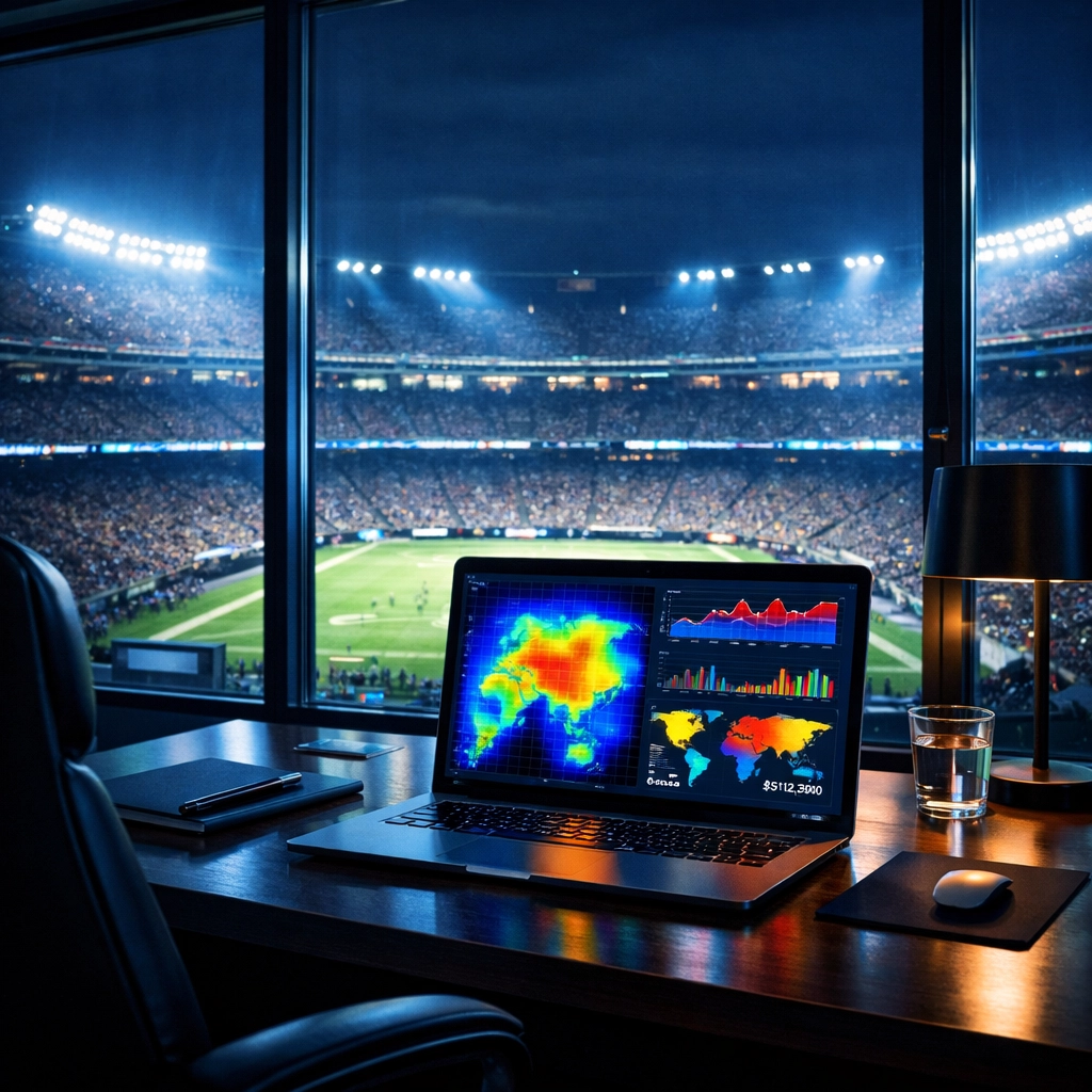Executive office with data charts on a laptop for tracking high-performance Super Bowl ROI.