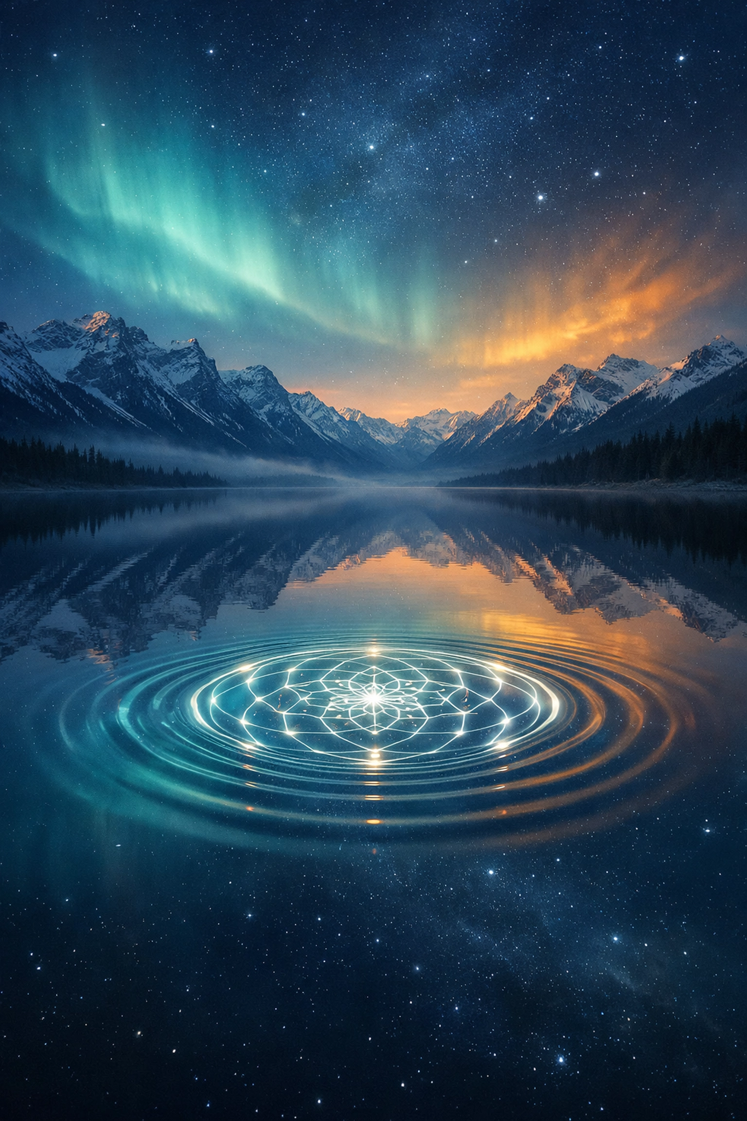 Serene lake with geometric ripples symbolizing deep nervous system health and internal peace.